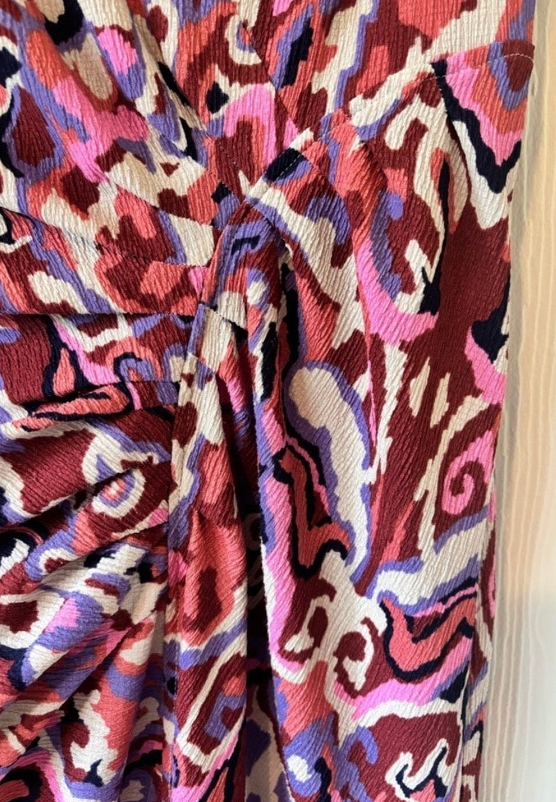 ba&amp;sh Pleated Midi Multicolour Printed Textured Crepe Crinkle Short Sleeve Dress