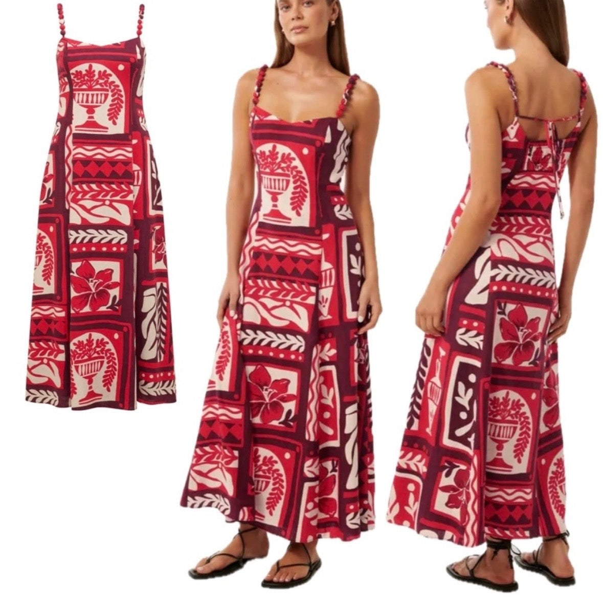 NWT Ever New Red Maroon and Cream Linen Blend Side Zip Floral Leaf Print Pom Pom Spaghetti Strap Maxi Midi Dress Sundress