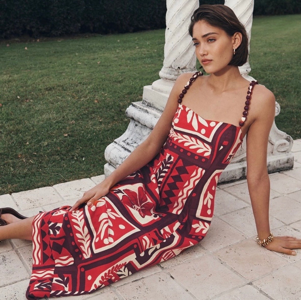NWT Ever New Red Maroon and Cream Linen Blend Side Zip Floral Leaf Print Pom Pom Spaghetti Strap Maxi Midi Dress Sundress