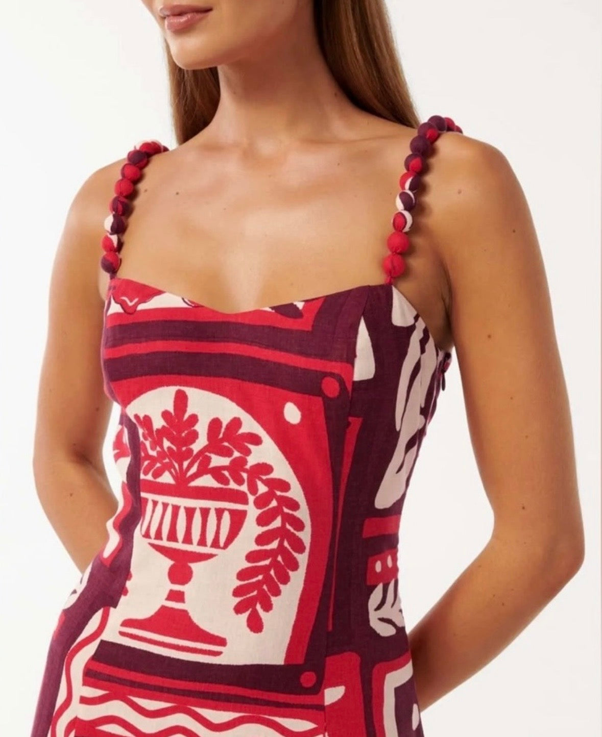 NWT Ever New Red Maroon and Cream Linen Blend Side Zip Floral Leaf Print Pom Pom Spaghetti Strap Maxi Midi Dress Sundress