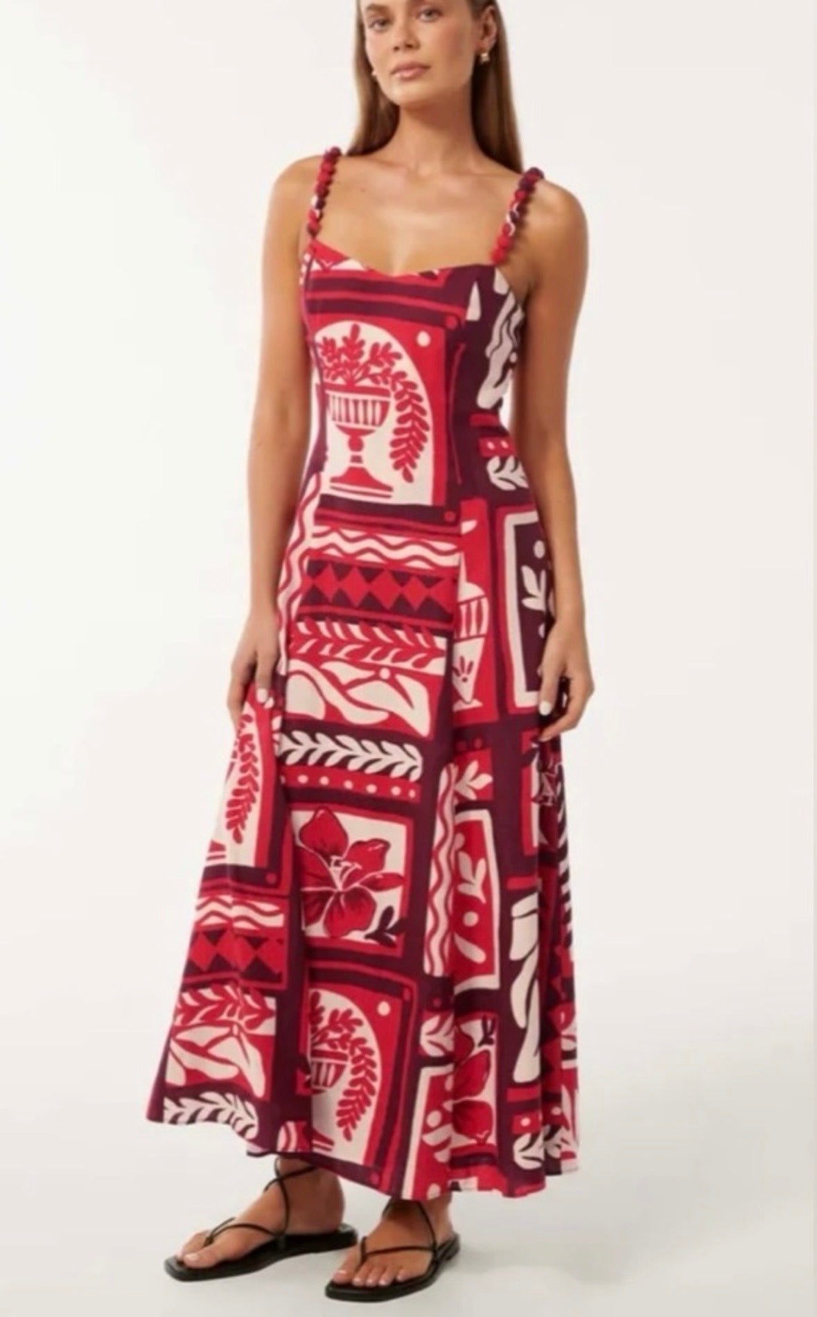 NWT Ever New Red Maroon and Cream Linen Blend Side Zip Floral Leaf Print Pom Pom Spaghetti Strap Maxi Midi Dress Sundress