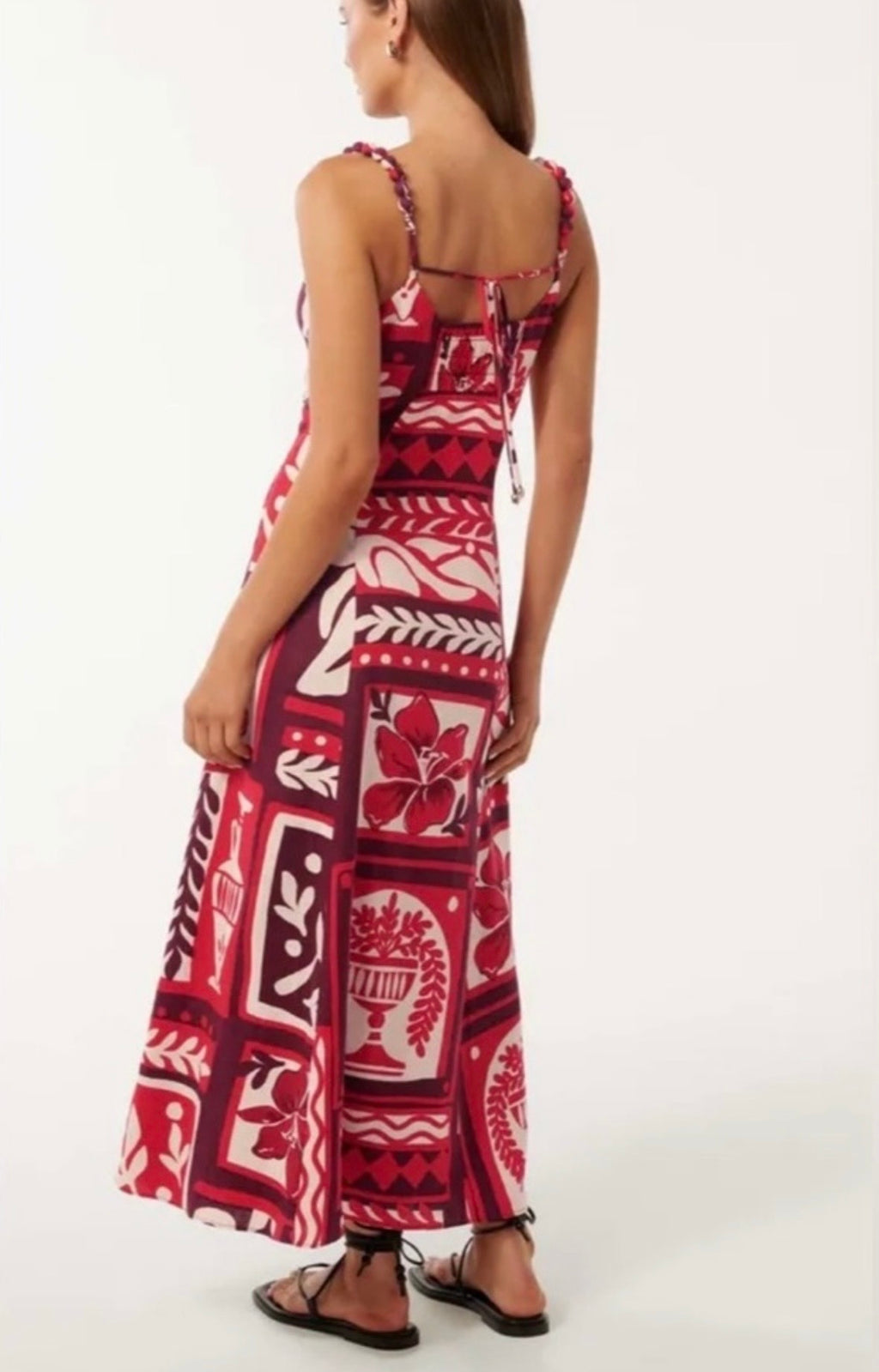 NWT Ever New Red Maroon and Cream Linen Blend Side Zip Floral Leaf Print Pom Pom Spaghetti Strap Maxi Midi Dress Sundress