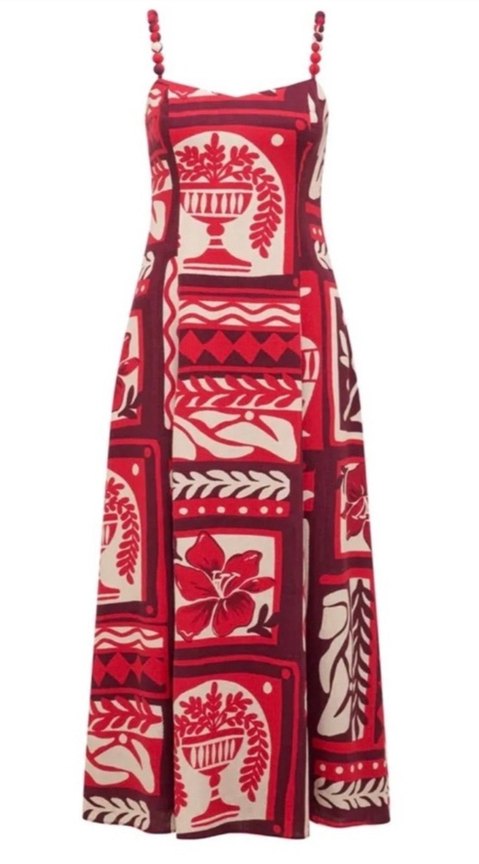 NWT Ever New Red Maroon and Cream Linen Blend Side Zip Floral Leaf Print Pom Pom Spaghetti Strap Maxi Midi Dress Sundress