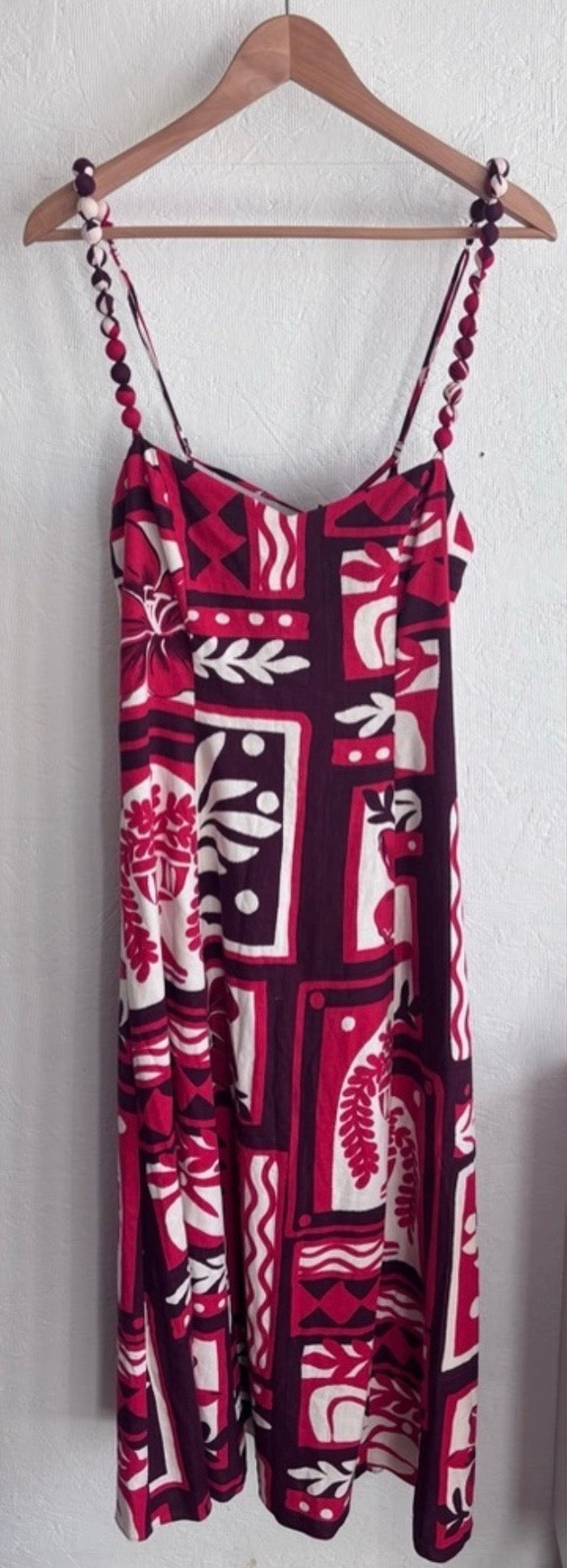NWT Ever New Red Maroon and Cream Linen Blend Side Zip Floral Leaf Print Pom Pom Spaghetti Strap Maxi Midi Dress Sundress