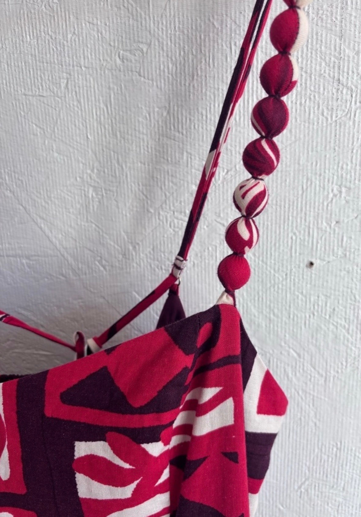 NWT Ever New Red Maroon and Cream Linen Blend Side Zip Floral Leaf Print Pom Pom Spaghetti Strap Maxi Midi Dress Sundress