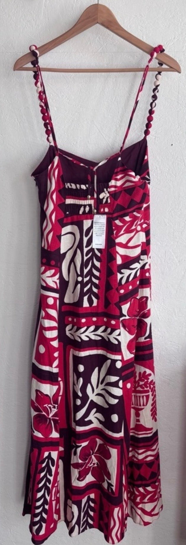 NWT Ever New Red Maroon and Cream Linen Blend Side Zip Floral Leaf Print Pom Pom Spaghetti Strap Maxi Midi Dress Sundress