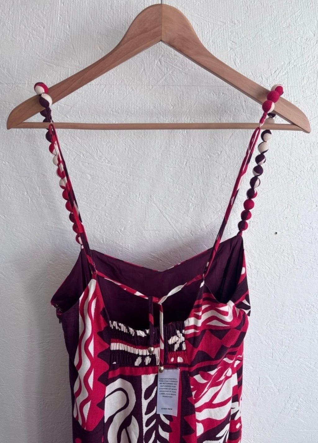 NWT Ever New Red Maroon and Cream Linen Blend Side Zip Floral Leaf Print Pom Pom Spaghetti Strap Maxi Midi Dress Sundress