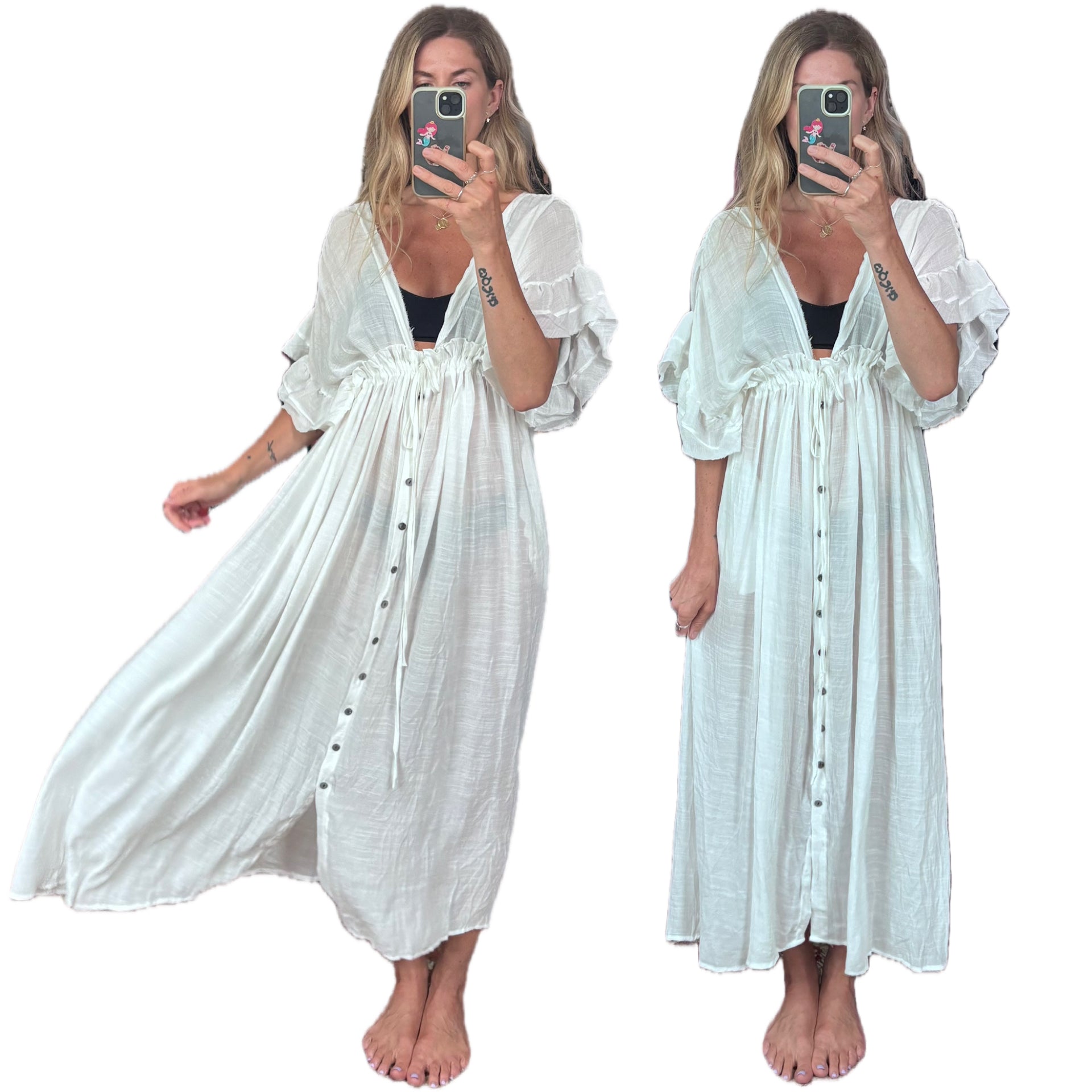 No tag White Semi Sheer Maxi Boho Coverup Button Down Ruffle Dress Adjustable Drawstring