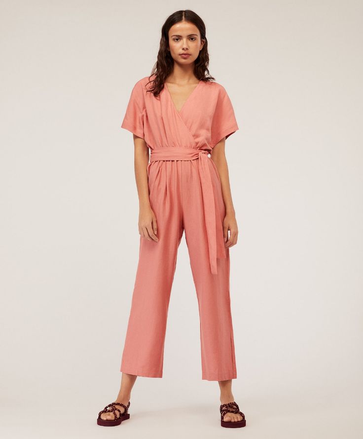 OYSHO Dusty Pink Linen V Neck Blend Short Sleeve Belted Jumpsuit