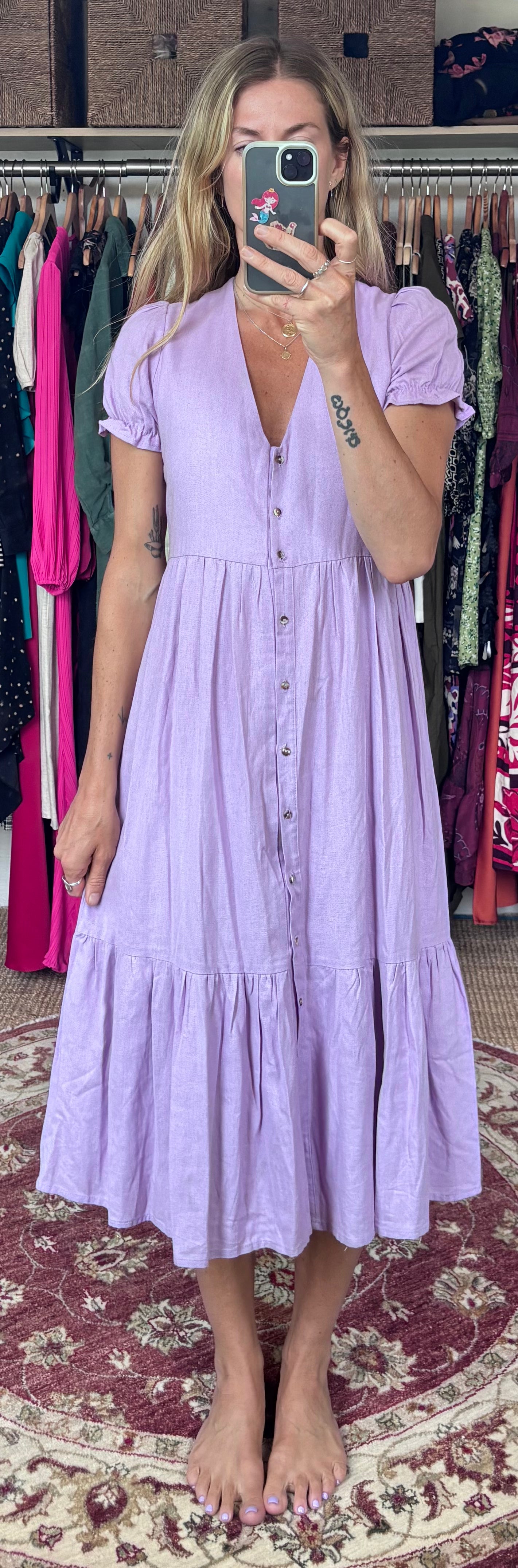 Linda Mulata Linen Blend Lilac Lavender Purple Ruffle Button Down Tiered Midi Dress