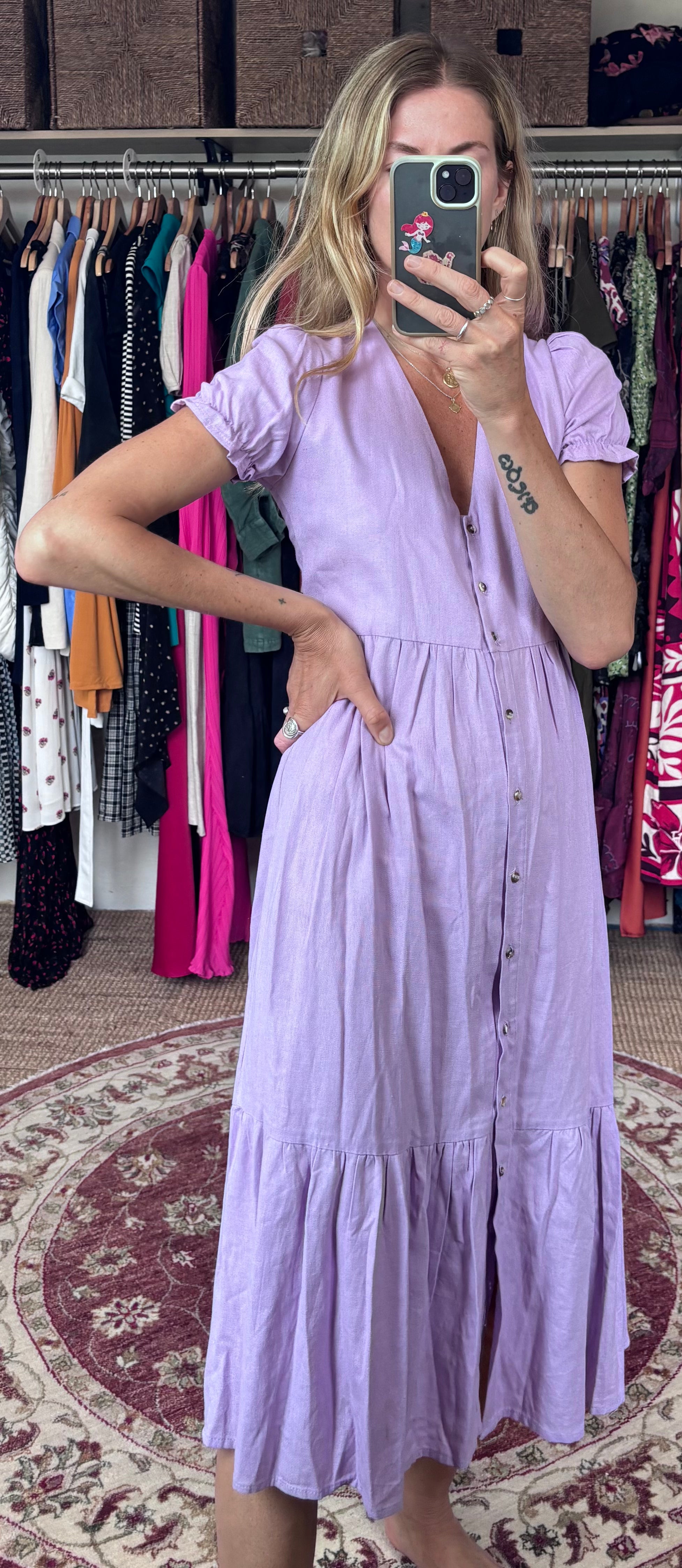 Linda Mulata Linen Blend Lilac Lavender Purple Ruffle Button Down Tiered Midi Dress