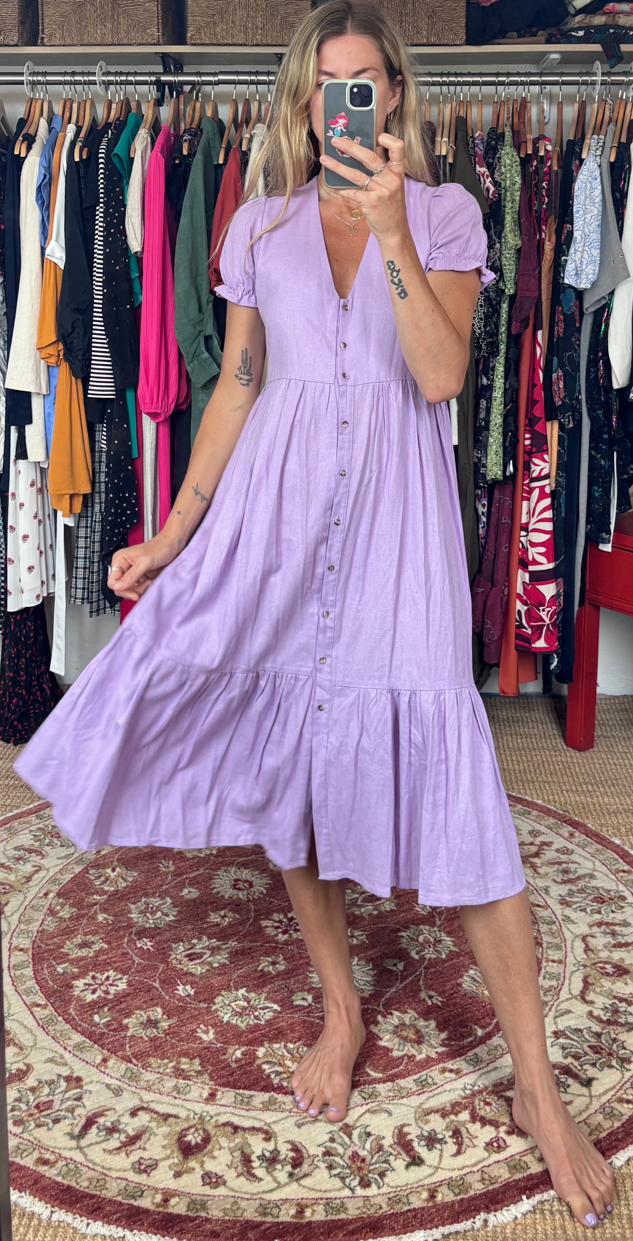 Linda Mulata Linen Blend Lilac Lavender Purple Ruffle Button Down Tiered Midi Dress