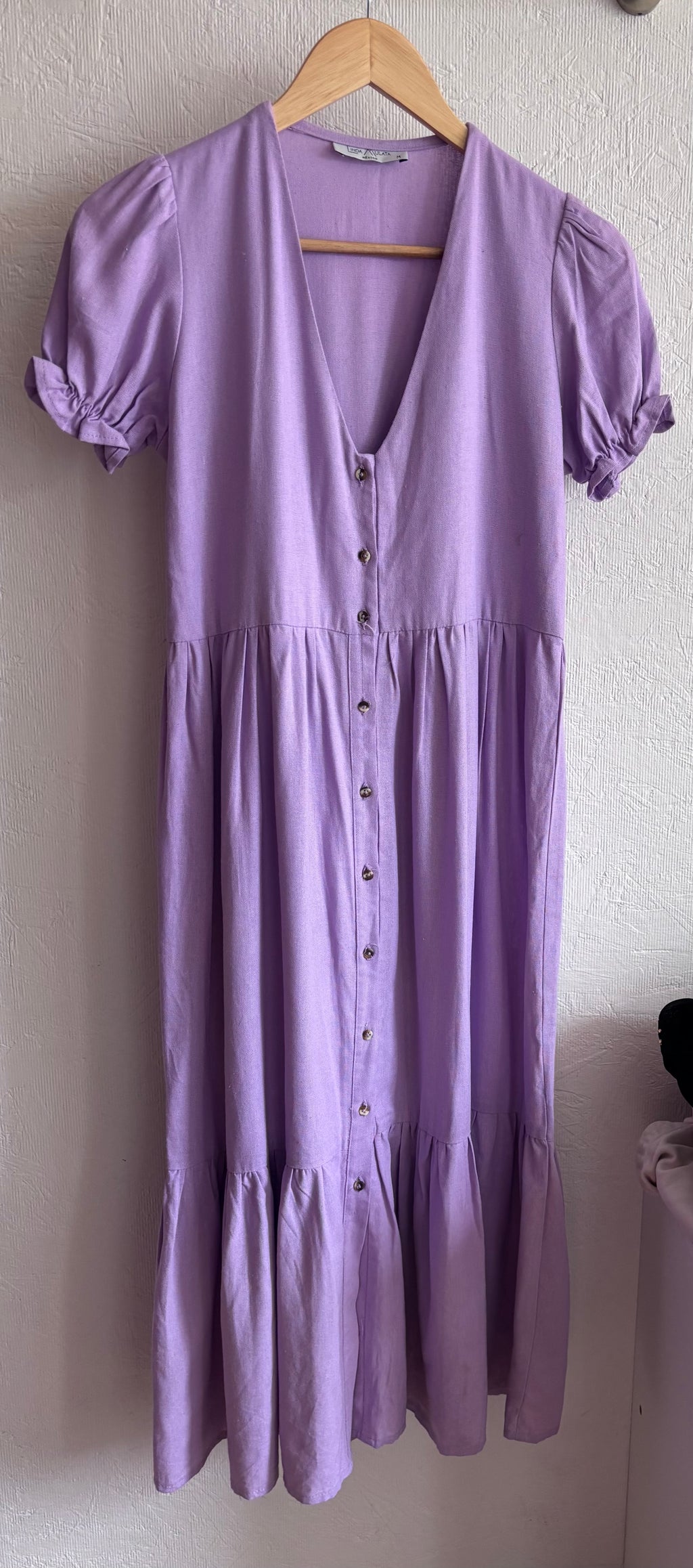 Linda Mulata Linen Blend Lilac Lavender Purple Ruffle Button Down Tiered Midi Dress