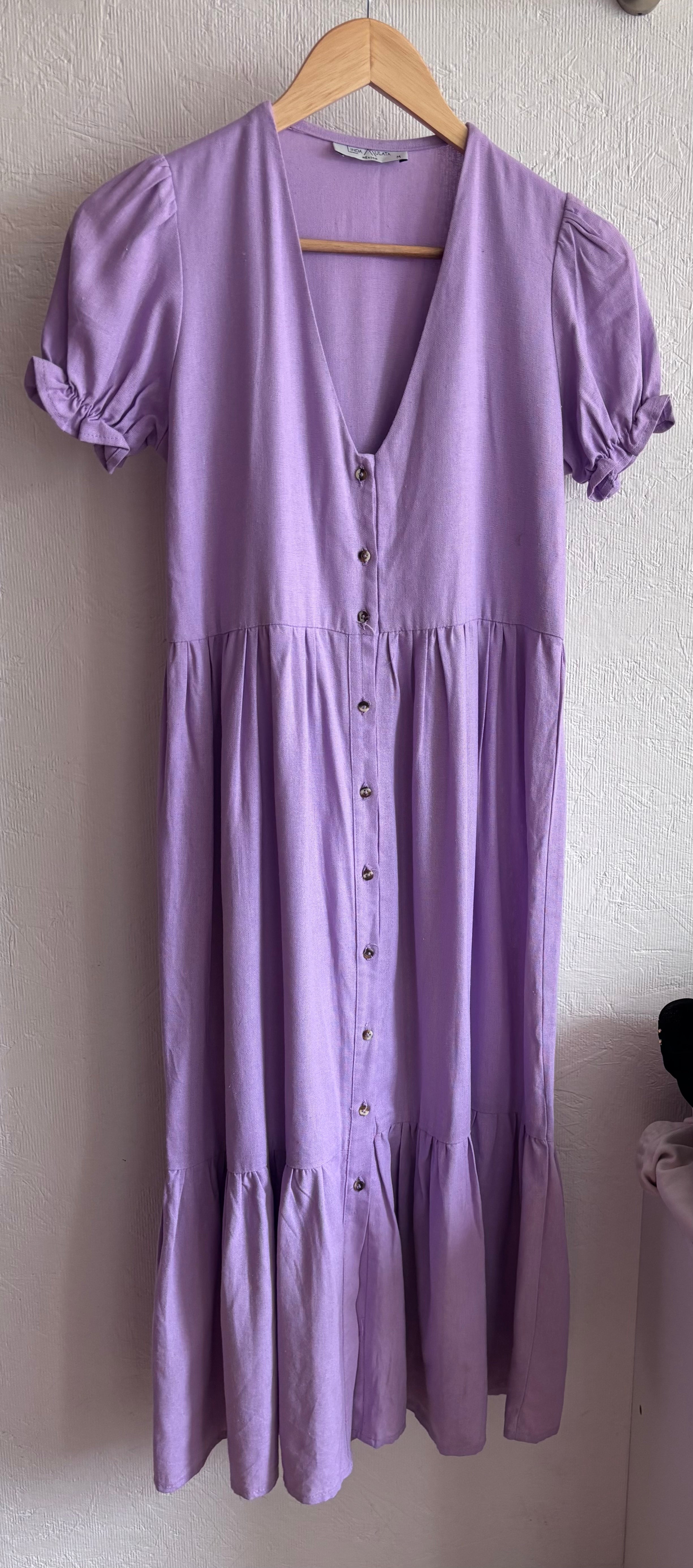 Linda Mulata Linen Blend Lilac Lavender Purple Ruffle Button Down Tiered Midi Dress