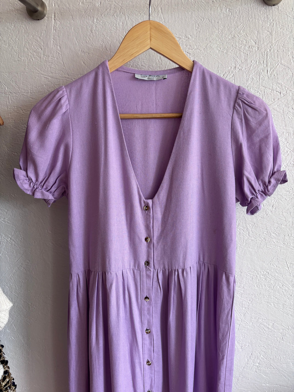 Linda Mulata Linen Blend Lilac Lavender Purple Ruffle Button Down Tiered Midi Dress