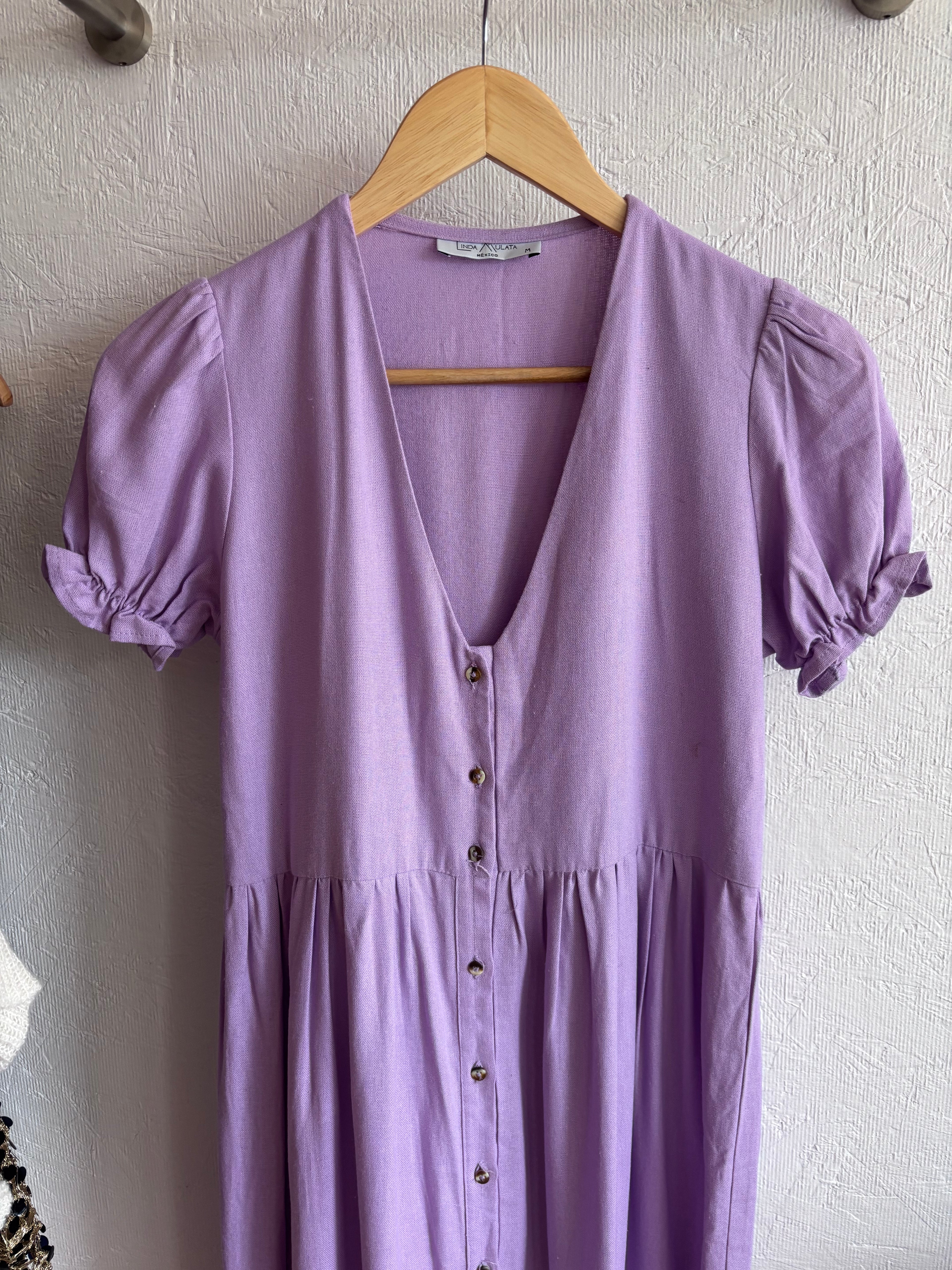 Linda Mulata Linen Blend Lilac Lavender Purple Ruffle Button Down Tiered Midi Dress