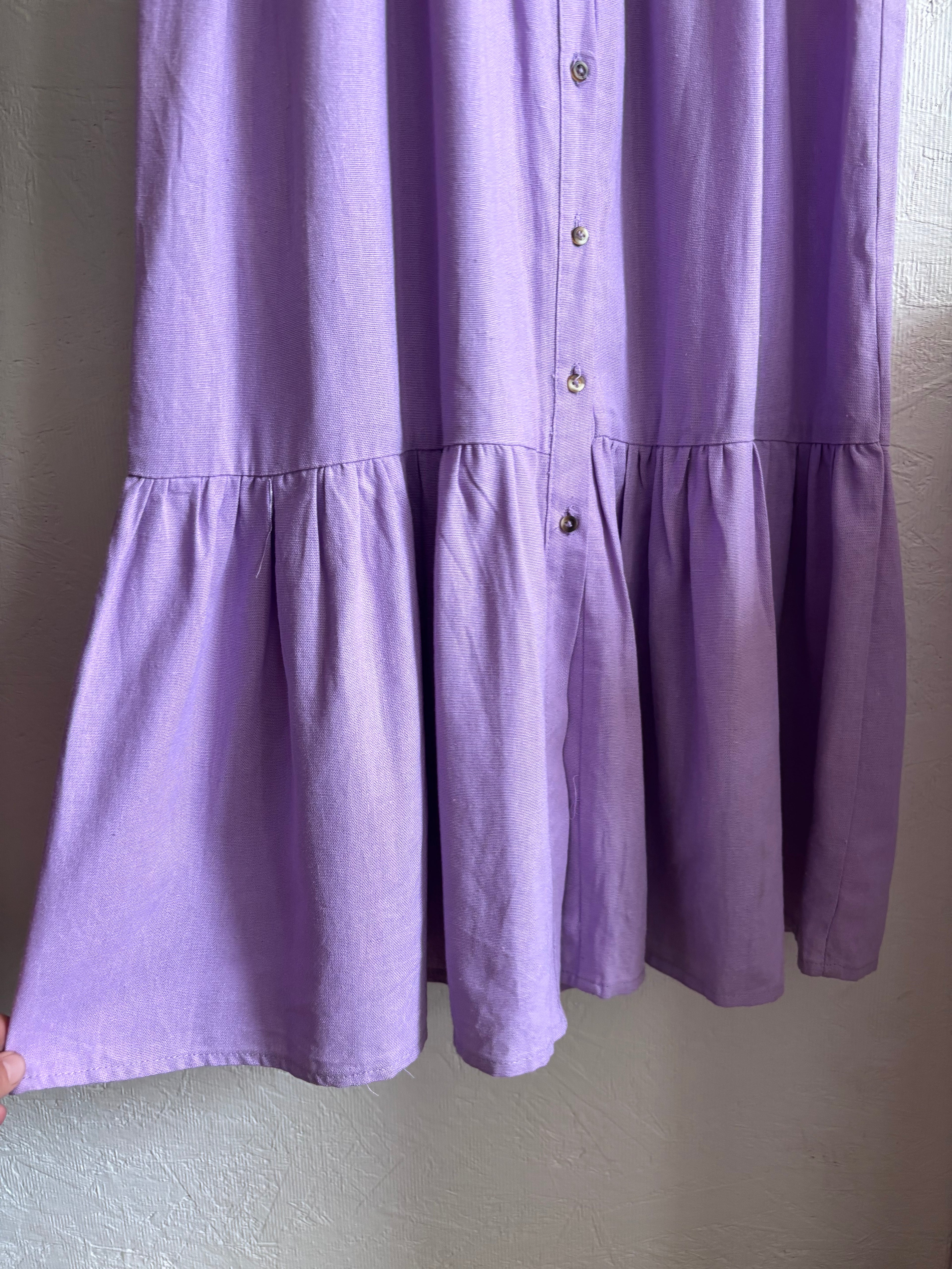 Linda Mulata Linen Blend Lilac Lavender Purple Ruffle Button Down Tiered Midi Dress