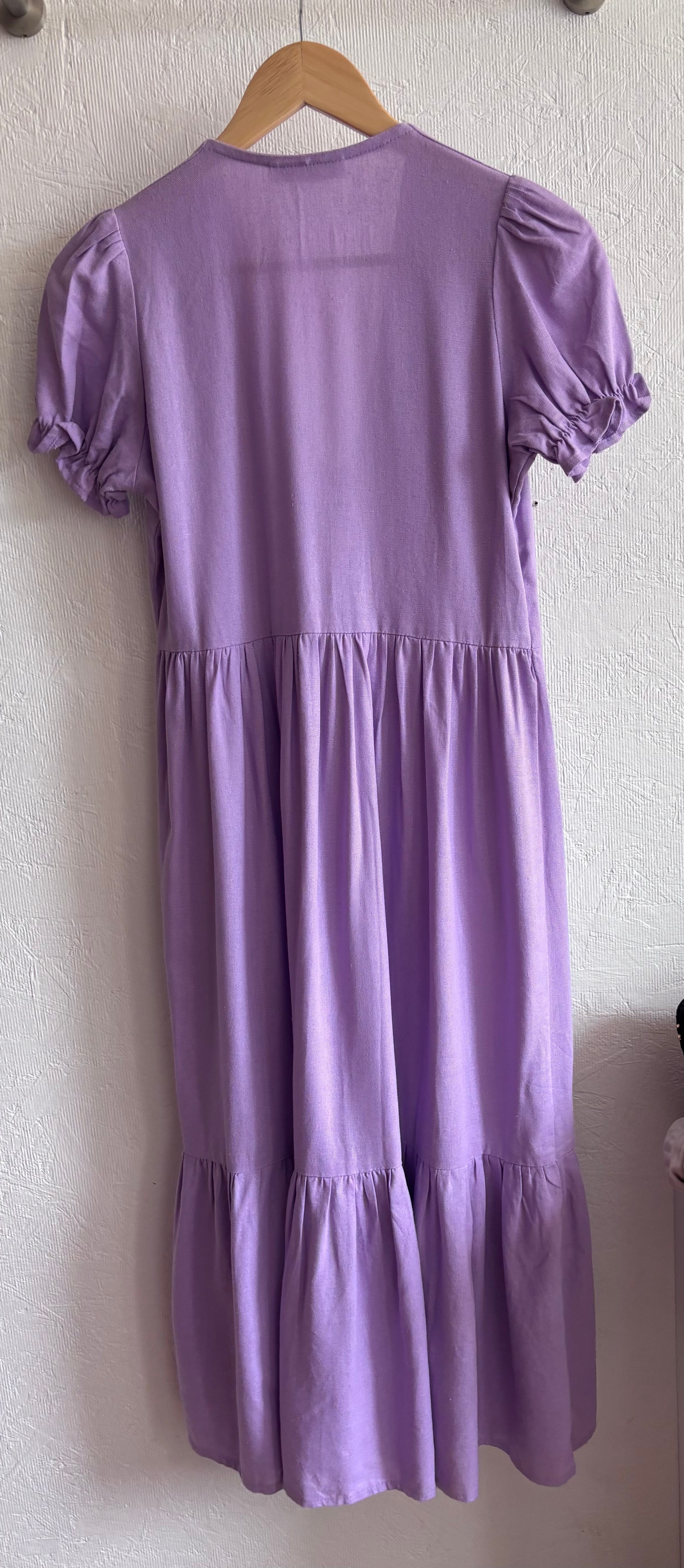 Linda Mulata Linen Blend Lilac Lavender Purple Ruffle Button Down Tiered Midi Dress