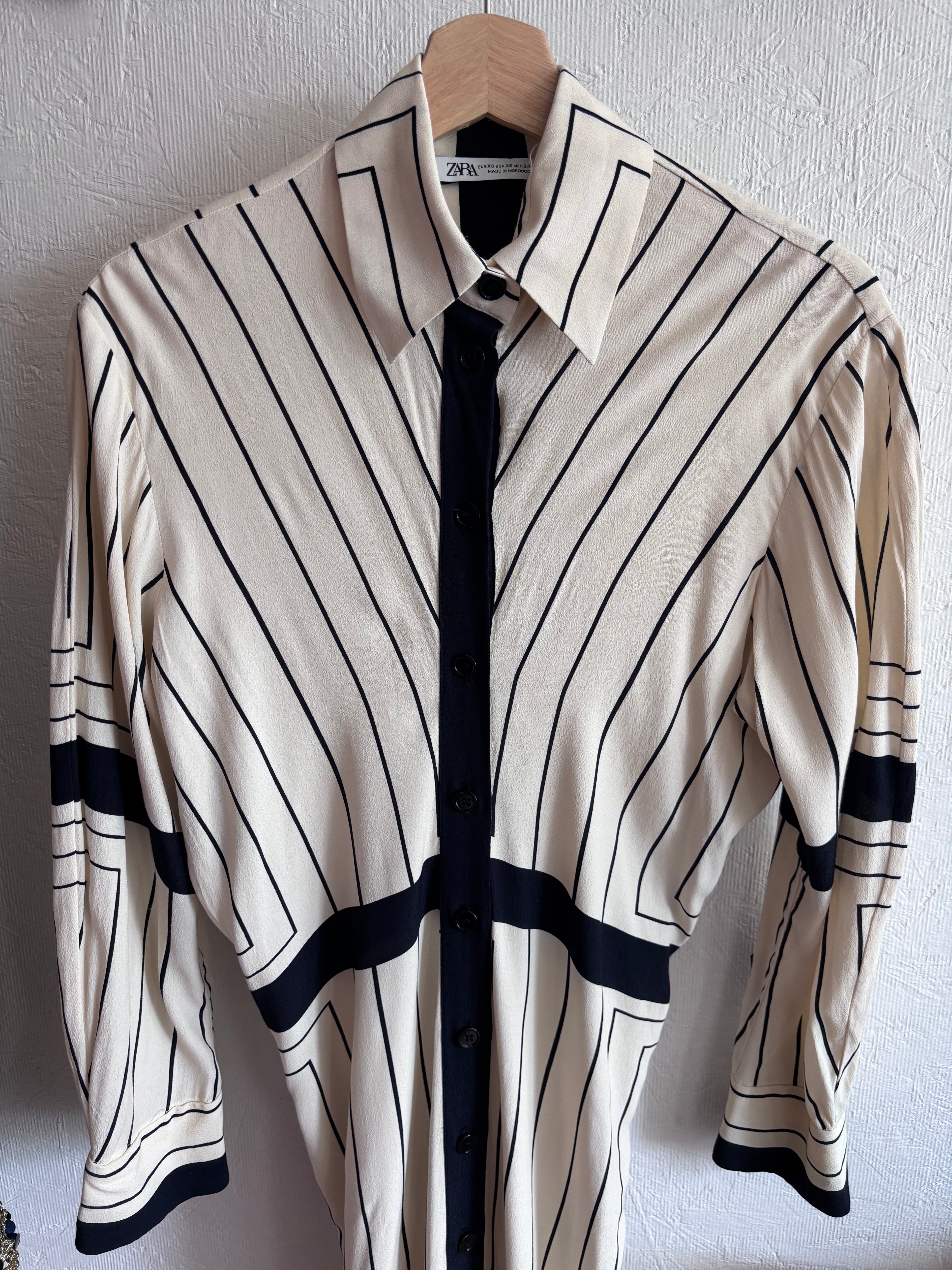 Zara Bloggers FavenCream and Black Stripe Long Sleeve Collared Button Down Midi Shirt Dress