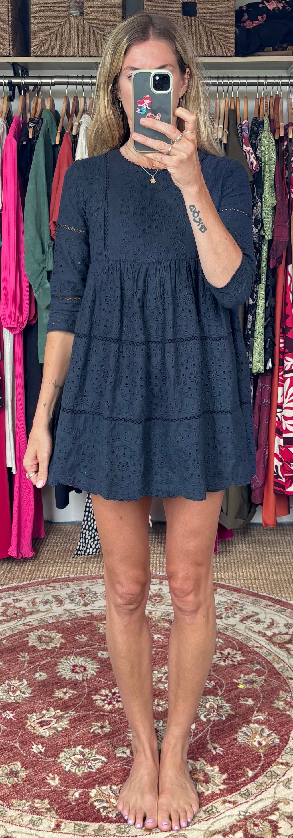 Vintage Zara Navy Blue Eyelet Tiered Babydoll Mini Dress