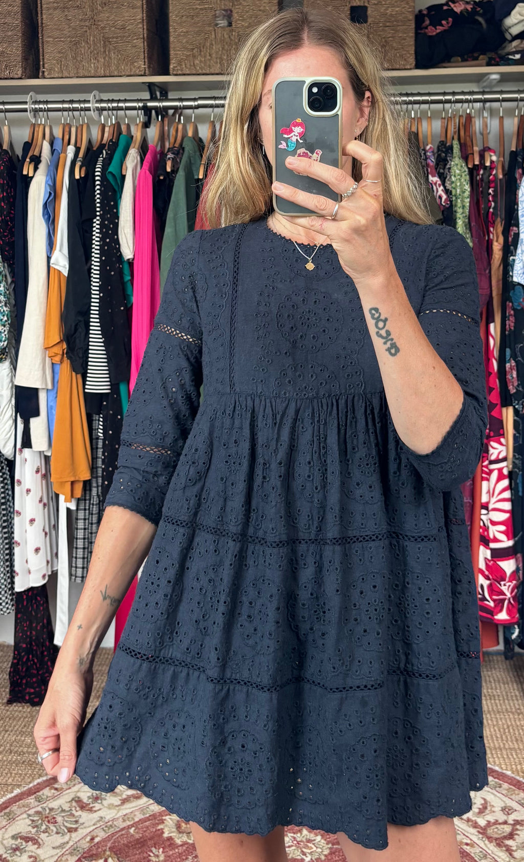 Vintage Zara Navy Blue Eyelet Tiered Babydoll Mini Dress