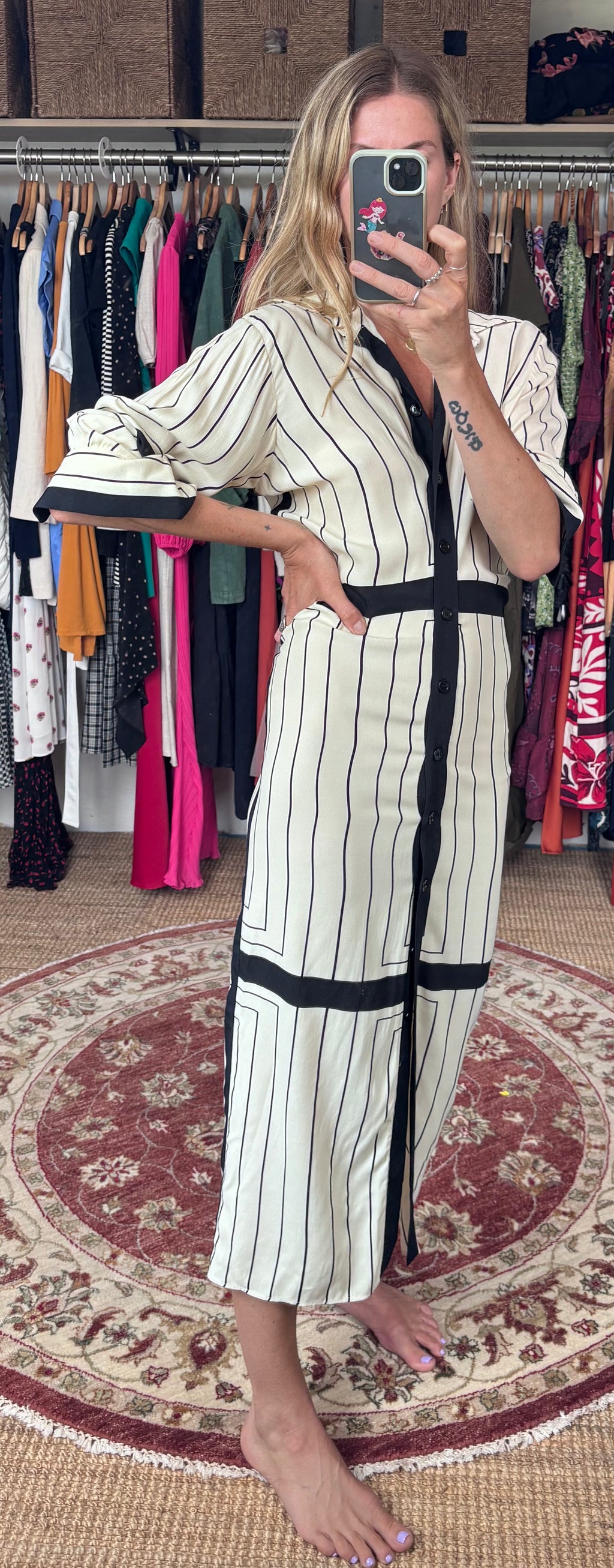 Zara Bloggers FavenCream and Black Stripe Long Sleeve Collared Button Down Midi Shirt Dress