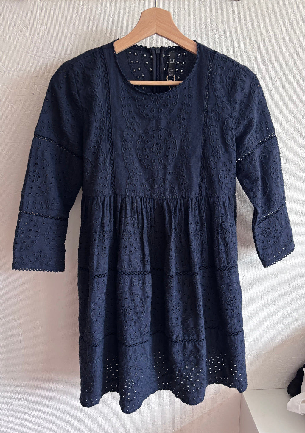 Vintage Zara Navy Blue Eyelet Tiered Babydoll Mini Dress