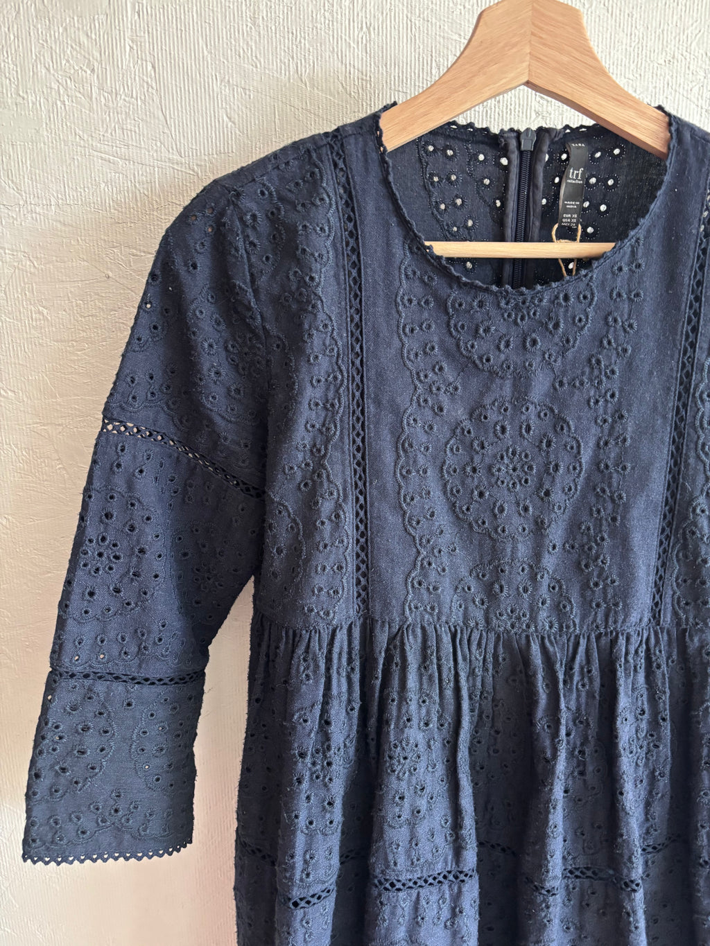 Vintage Zara Navy Blue Eyelet Tiered Babydoll Mini Dress
