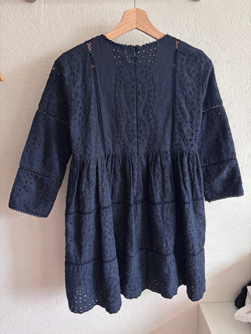 Vintage Zara Navy Blue Eyelet Tiered Babydoll Mini Dress
