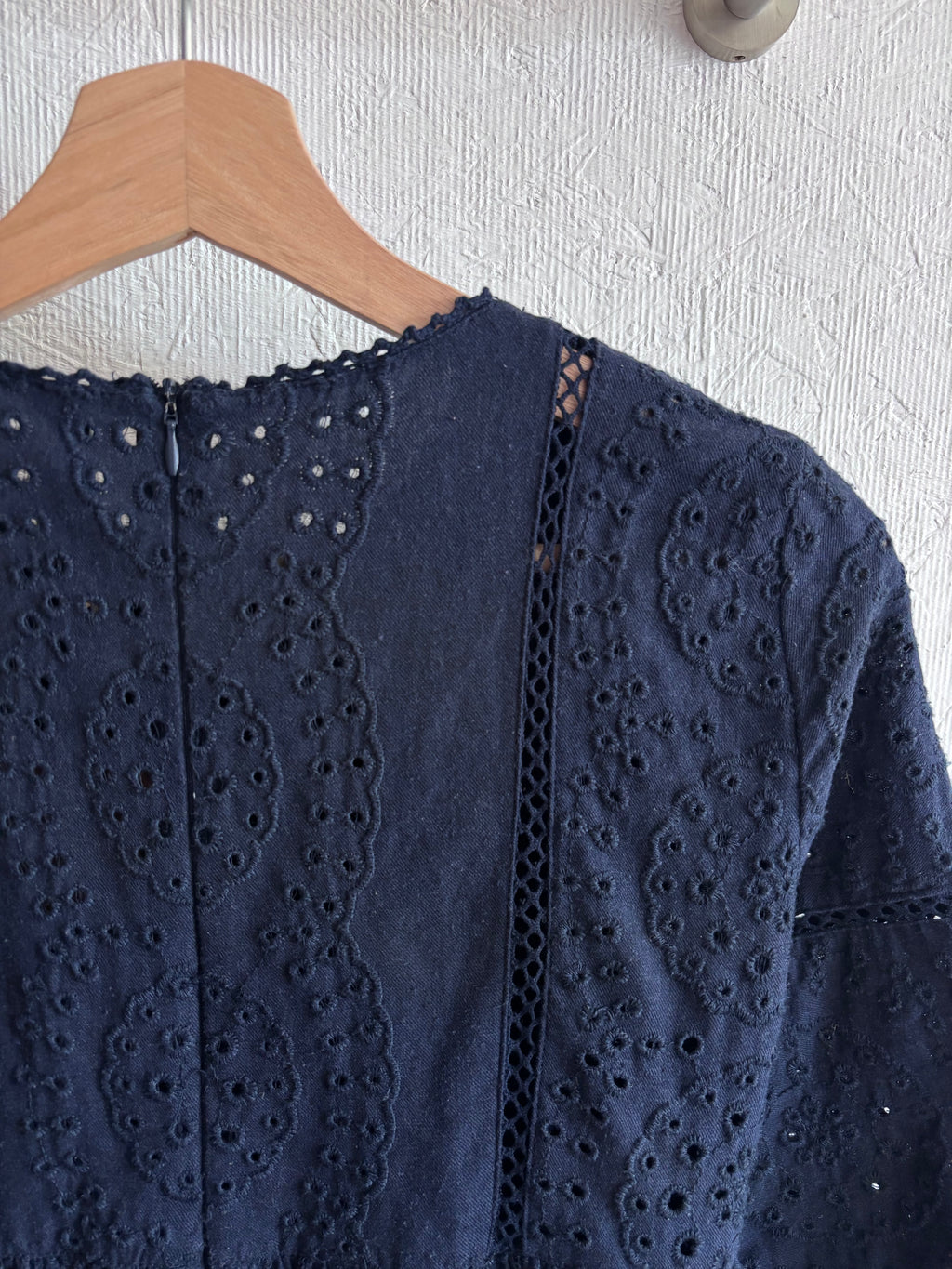 Vintage Zara Navy Blue Eyelet Tiered Babydoll Mini Dress
