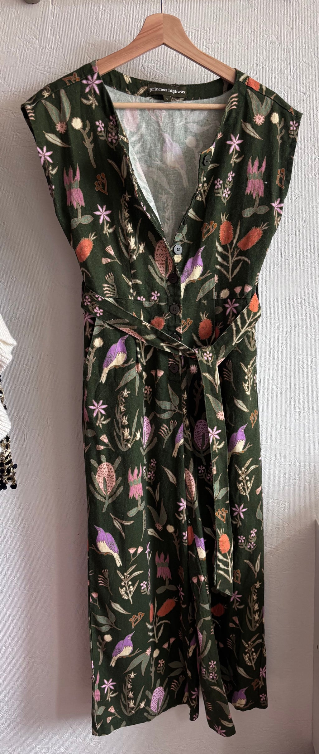 Princess Highway Linen Blend Green Floral Bird Botanical Print Sleeveless Button Down Belted Wide Leg Jumpsuit