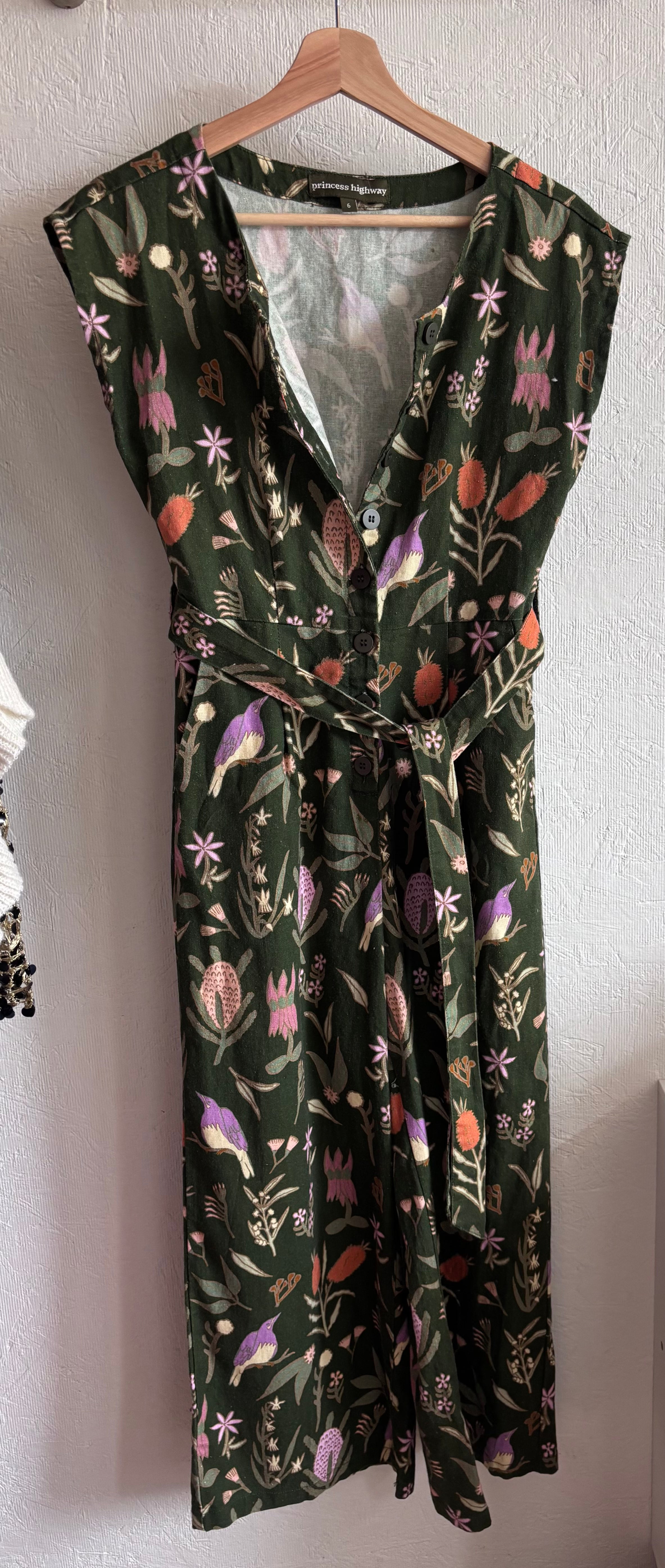 Princess Highway Linen Blend Green Floral Bird Botanical Print Sleeveless Button Down Belted Wide Leg Jumpsuit