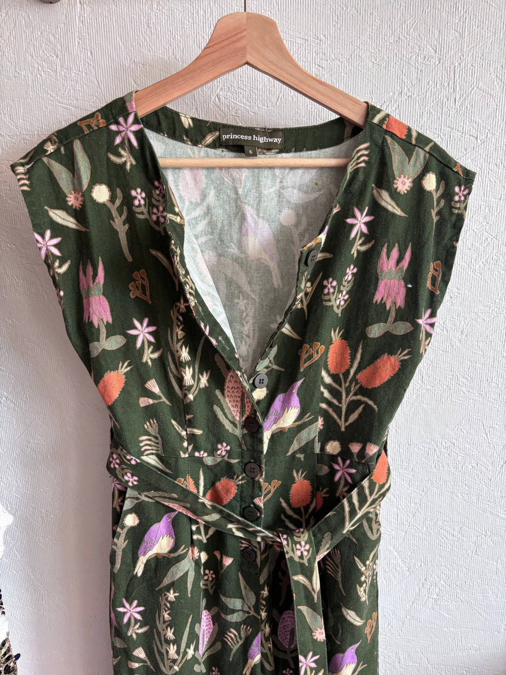Princess Highway Linen Blend Green Floral Bird Botanical Print Sleeveless Button Down Belted Wide Leg Jumpsuit