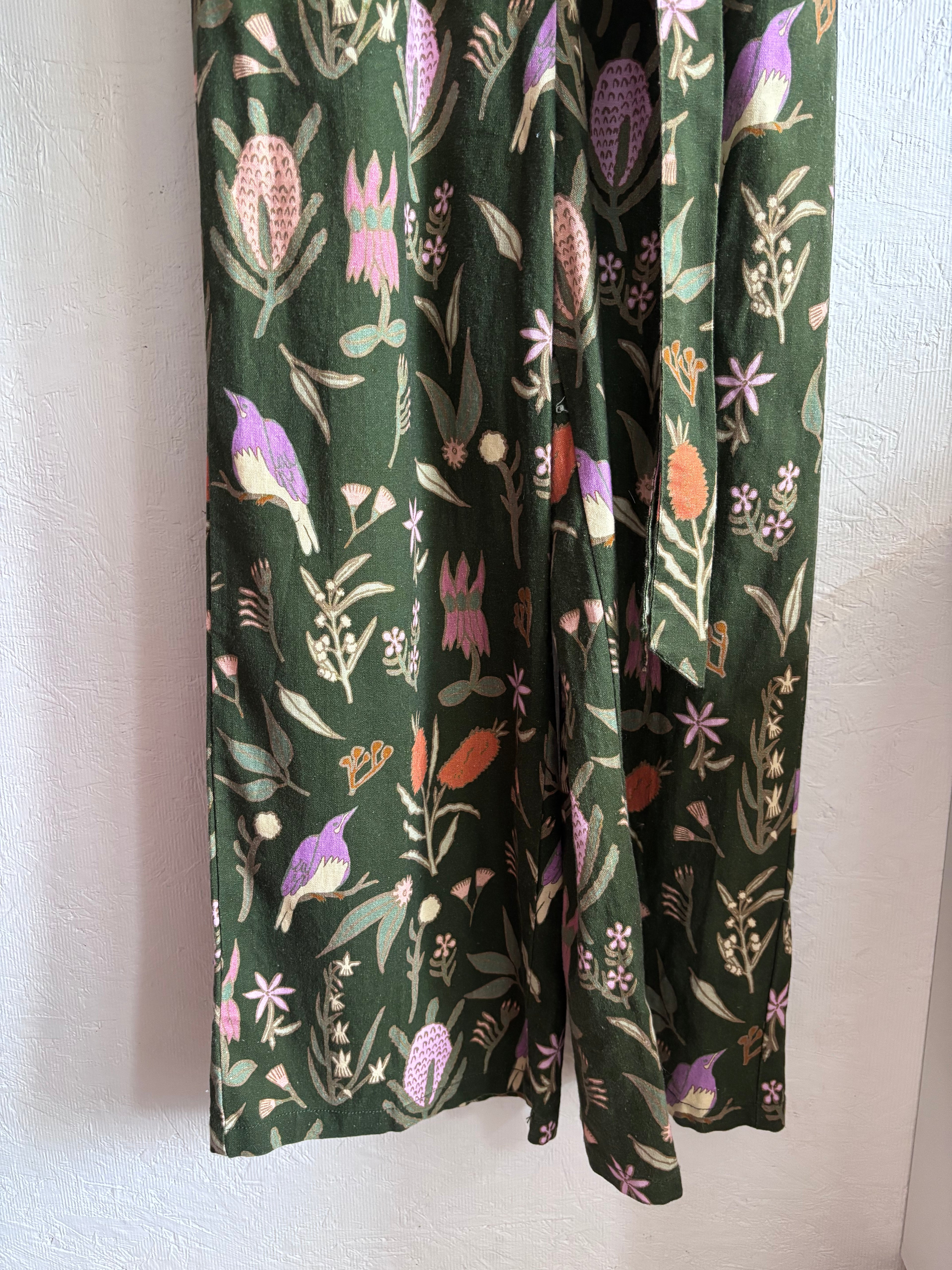 Princess Highway Linen Blend Green Floral Bird Botanical Print Sleeveless Button Down Belted Wide Leg Jumpsuit