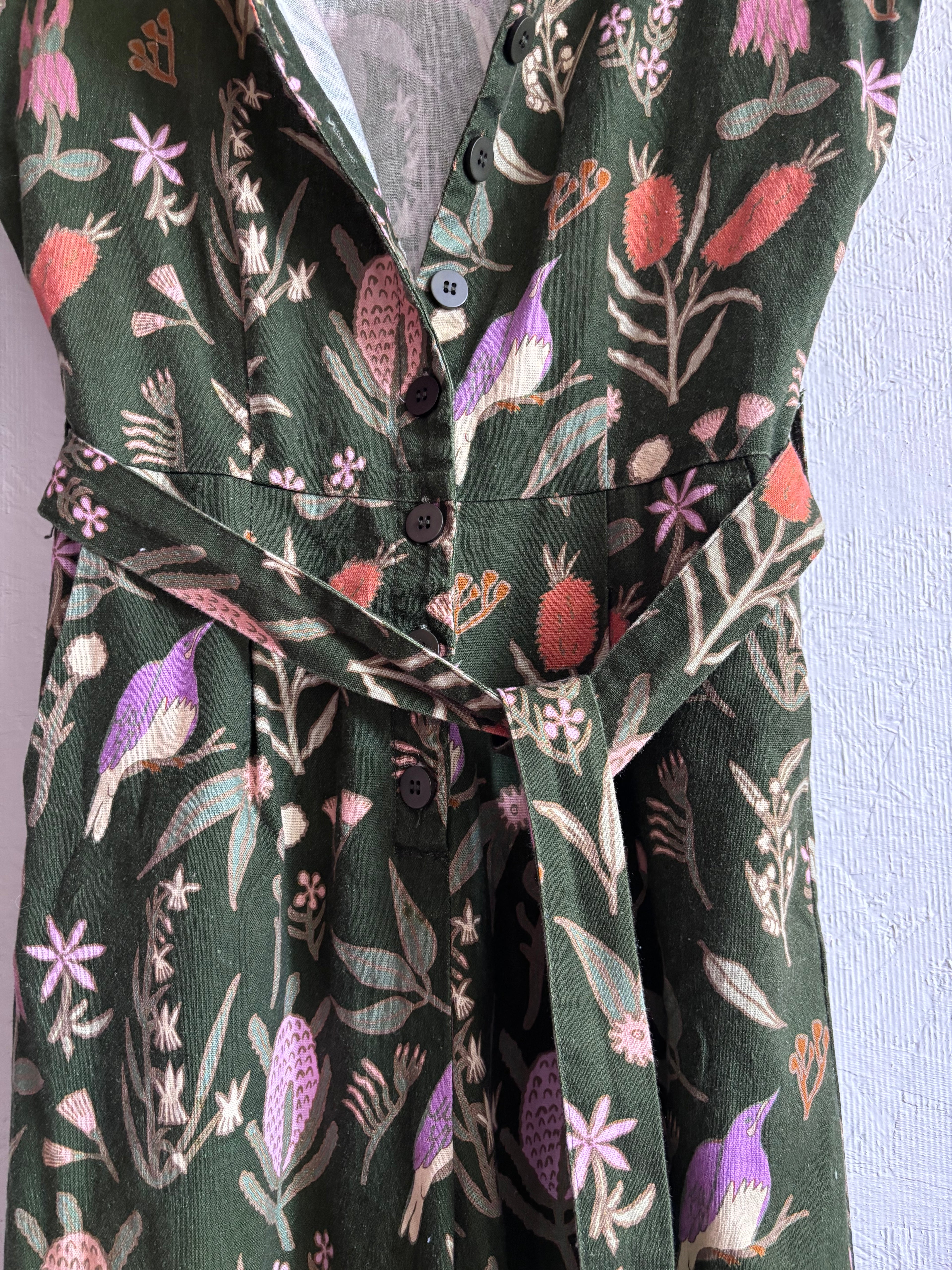 Princess Highway Linen Blend Green Floral Bird Botanical Print Sleeveless Button Down Belted Wide Leg Jumpsuit