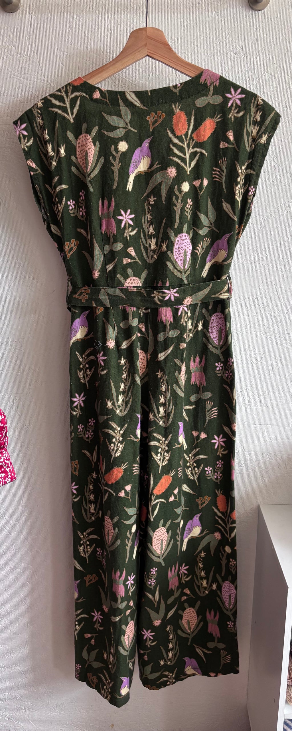 Princess Highway Linen Blend Green Floral Bird Botanical Print Sleeveless Button Down Belted Wide Leg Jumpsuit