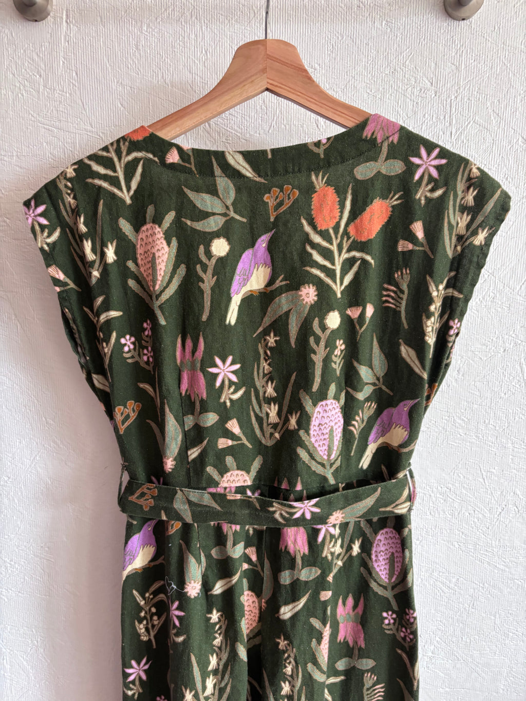 Princess Highway Linen Blend Green Floral Bird Botanical Print Sleeveless Button Down Belted Wide Leg Jumpsuit