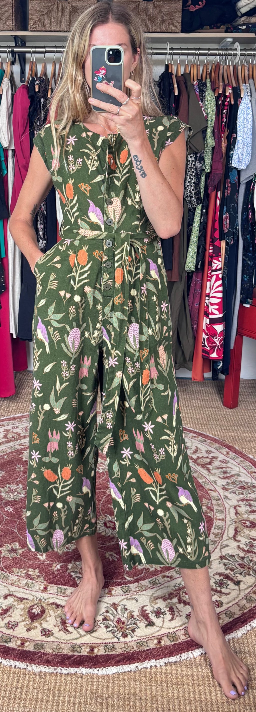 Princess Highway Linen Blend Green Floral Bird Botanical Print Sleeveless Button Down Belted Wide Leg Jumpsuit