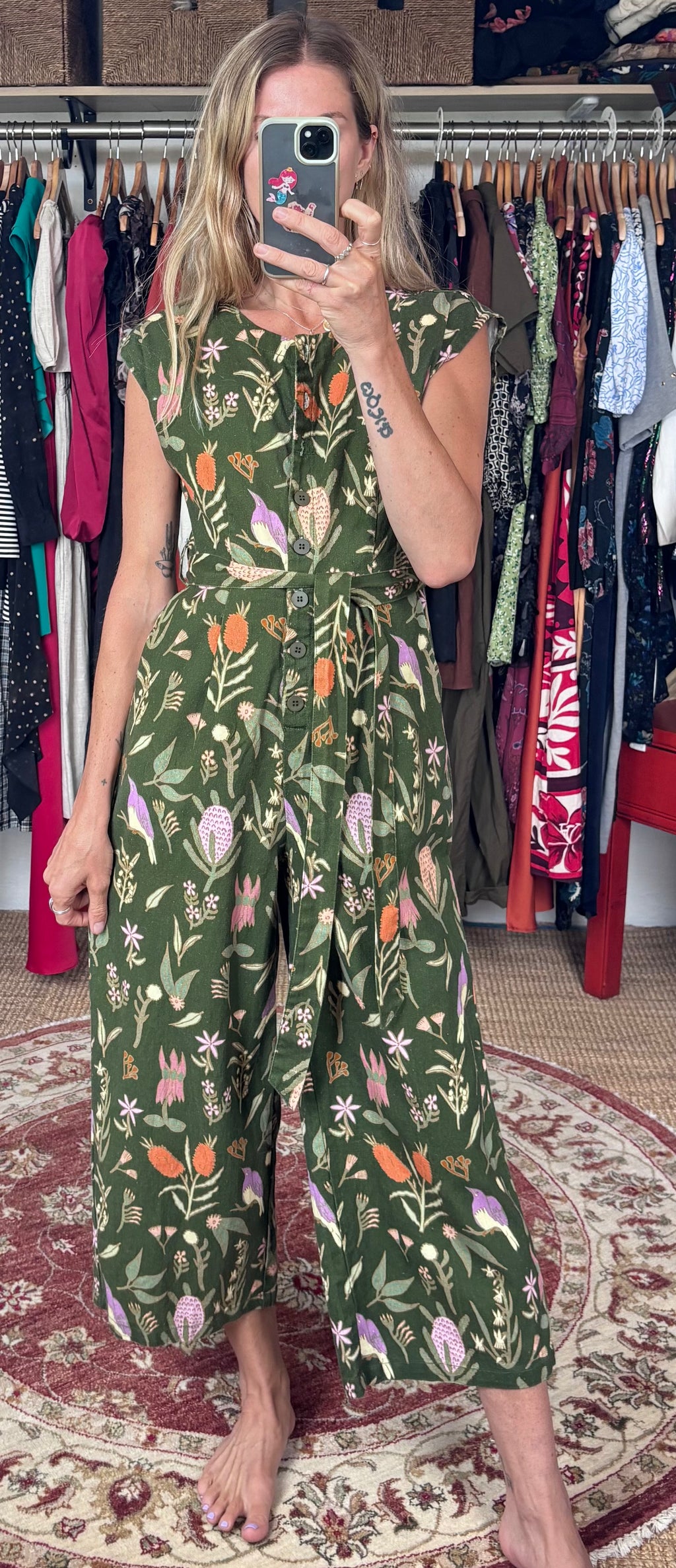 Princess Highway Linen Blend Green Floral Bird Botanical Print Sleeveless Button Down Belted Wide Leg Jumpsuit