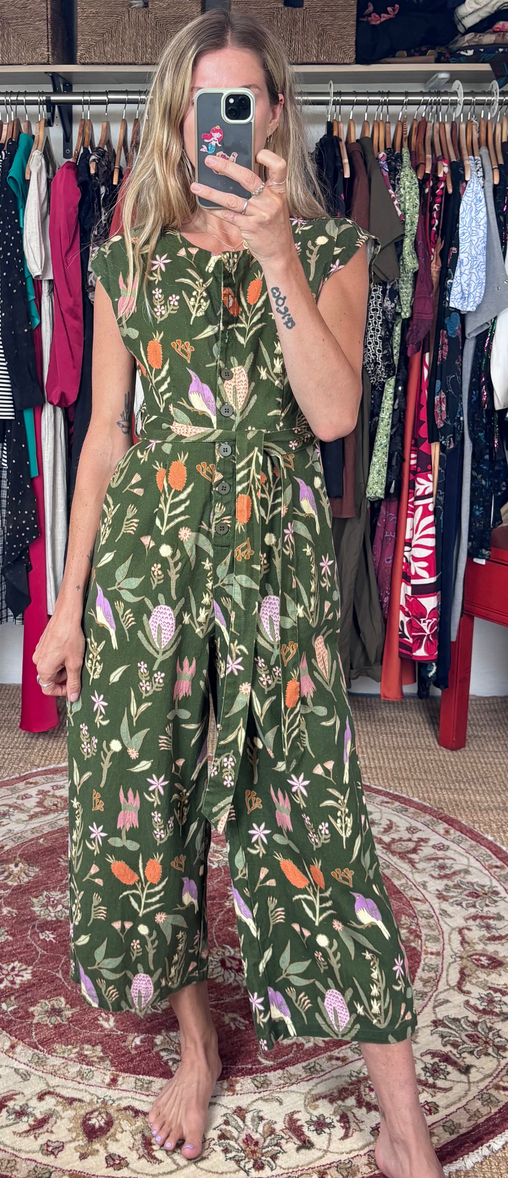 Princess Highway Linen Blend Green Floral Bird Botanical Print Sleeveless Button Down Belted Wide Leg Jumpsuit