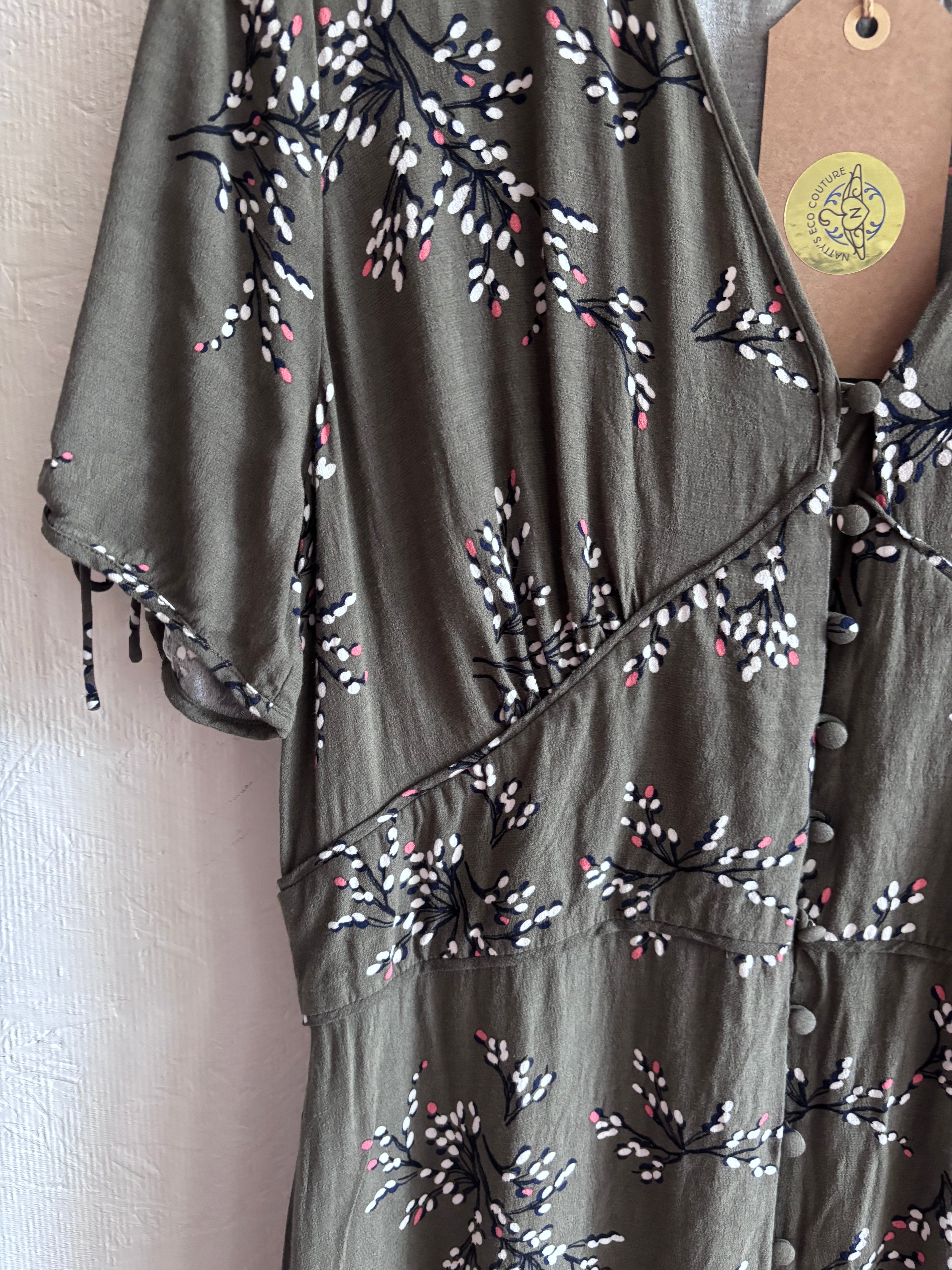Jigsaw Sophelia Olive Grey Green Floral Print Button Down Short Sleeve Midi Maxi Tea Dress