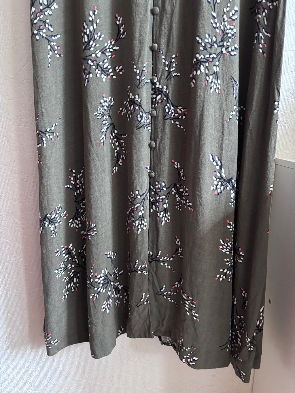 Jigsaw Sophelia Olive Grey Green Floral Print Button Down Short Sleeve Midi Maxi Tea Dress