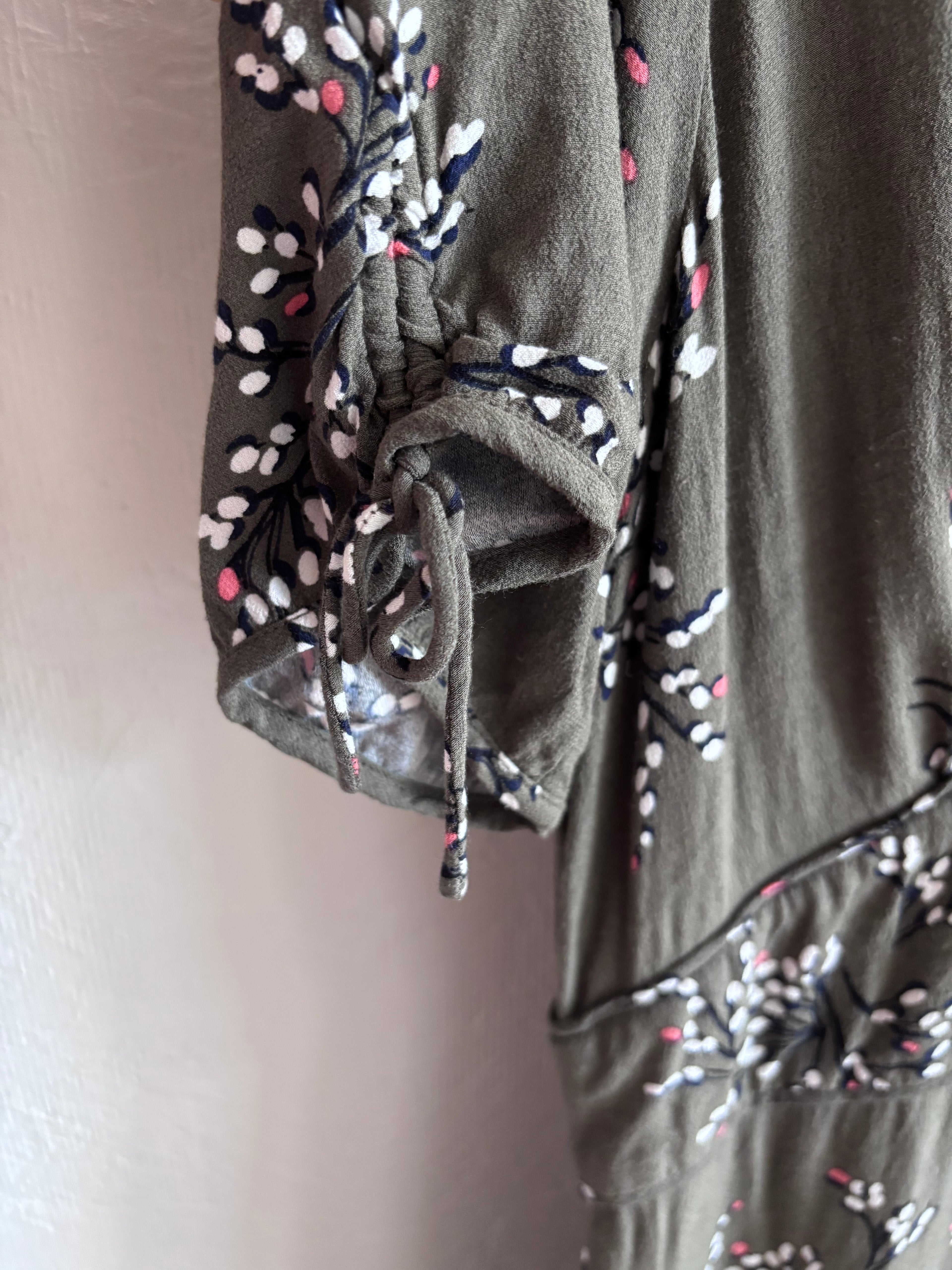 Jigsaw Sophelia Olive Grey Green Floral Print Button Down Short Sleeve Midi Maxi Tea Dress