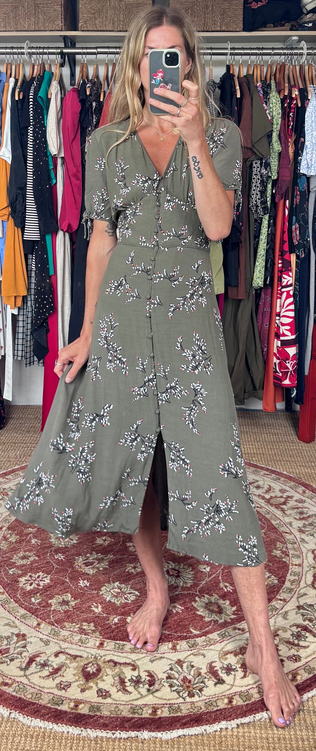 Jigsaw Sophelia Olive Grey Green Floral Print Button Down Short Sleeve Midi Maxi Tea Dress