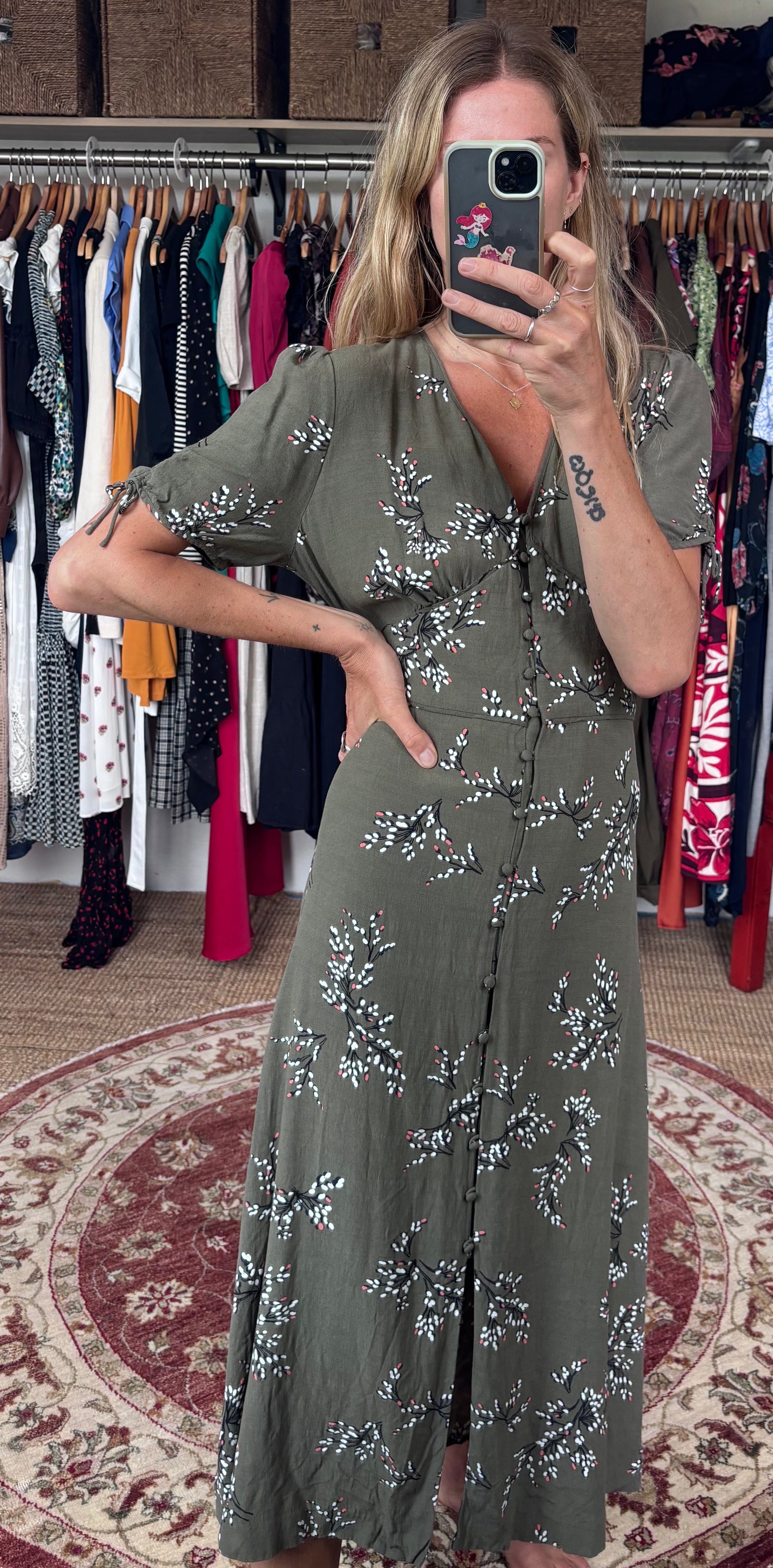 Jigsaw Sophelia Olive Grey Green Floral Print Button Down Short Sleeve Midi Maxi Tea Dress