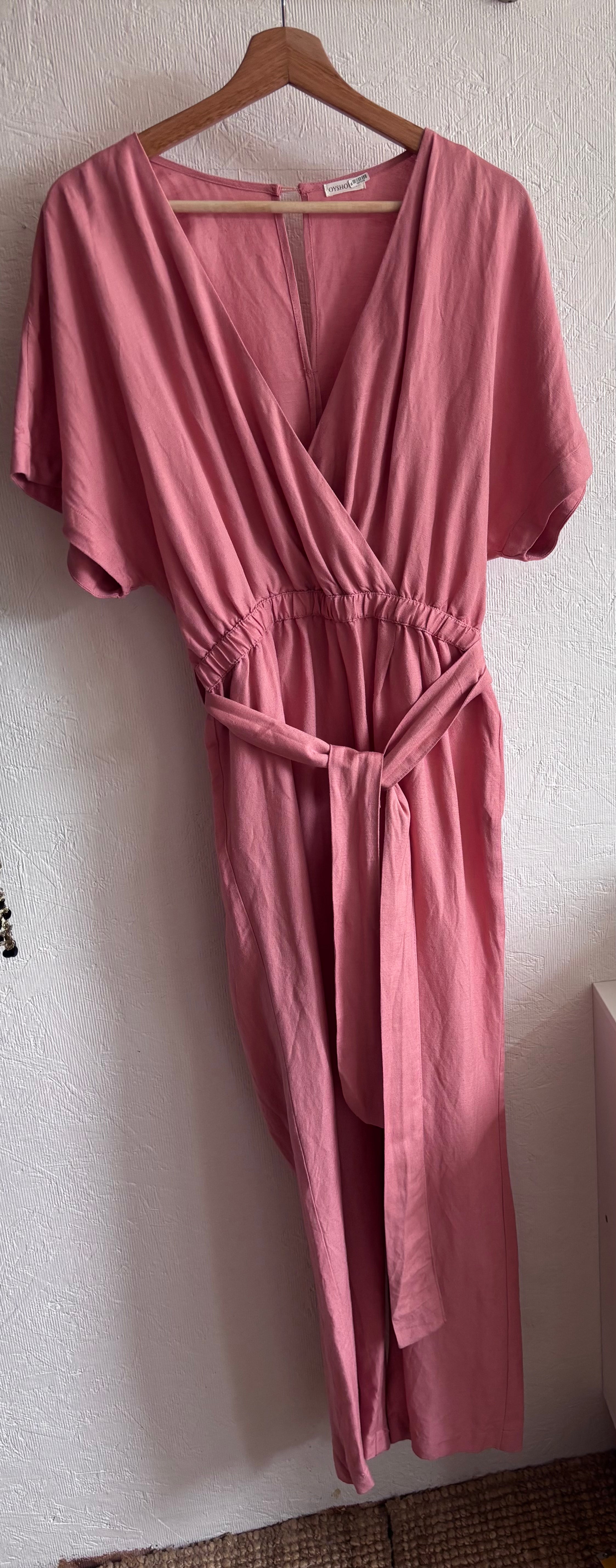 OYSHO Dusty Pink Linen V Neck Blend Short Sleeve Belted Jumpsuit