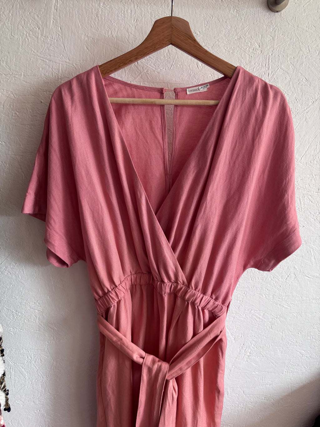 OYSHO Dusty Pink Linen V Neck Blend Short Sleeve Belted Jumpsuit