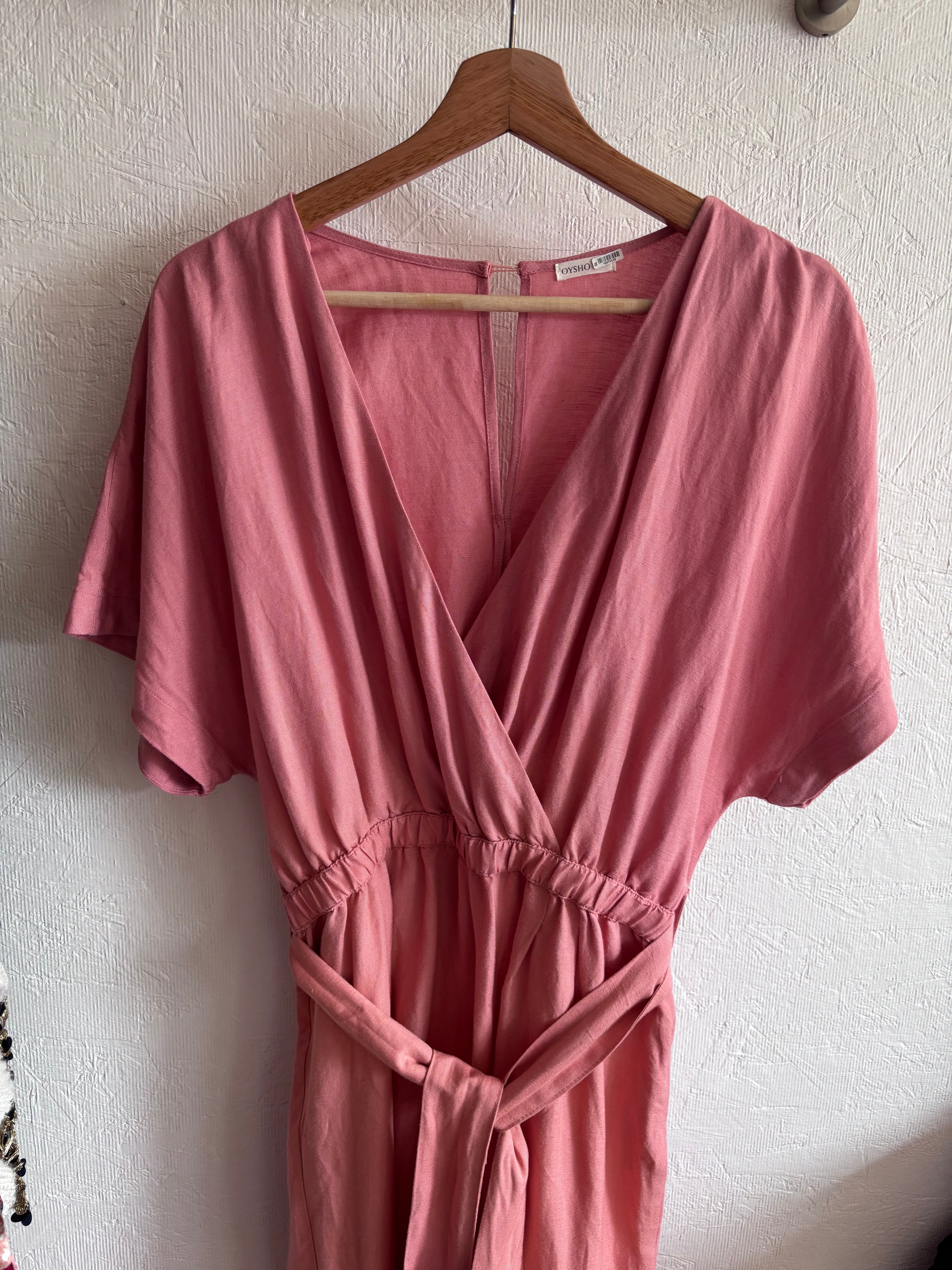 OYSHO Dusty Pink Linen V Neck Blend Short Sleeve Belted Jumpsuit
