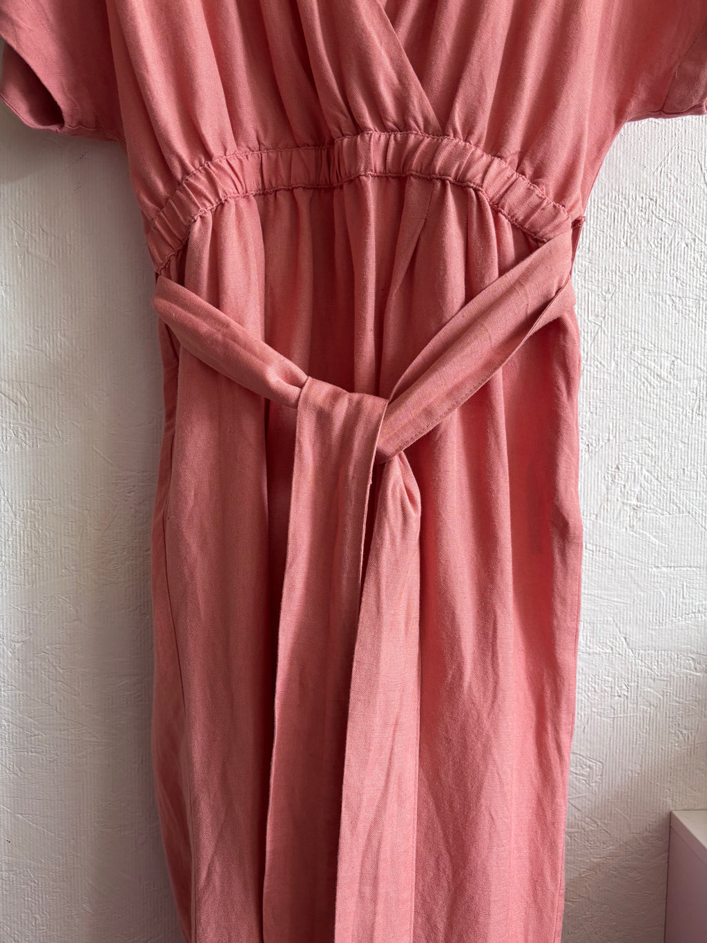 OYSHO Dusty Pink Linen V Neck Blend Short Sleeve Belted Jumpsuit