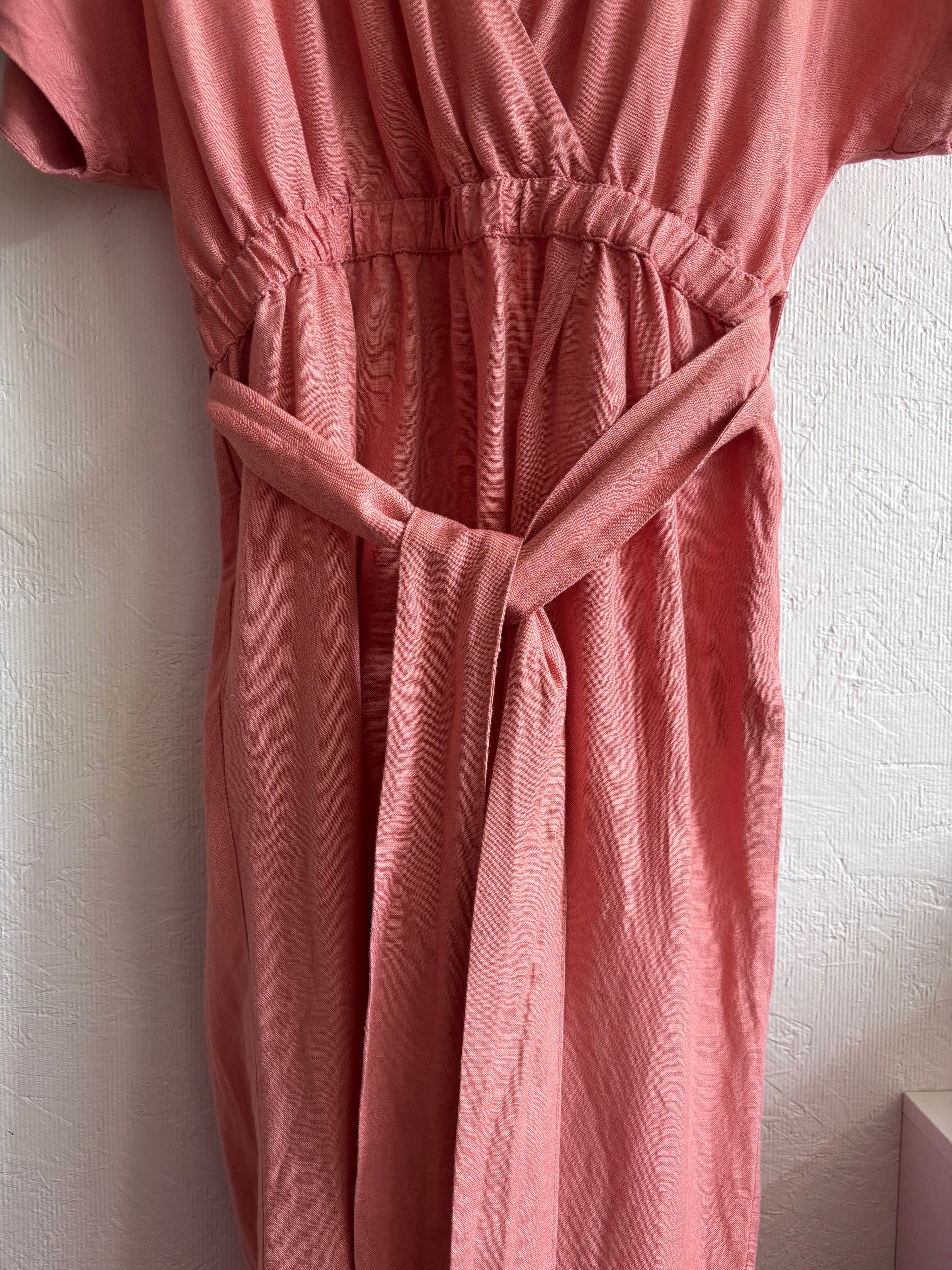 OYSHO Dusty Pink Linen V Neck Blend Short Sleeve Belted Jumpsuit